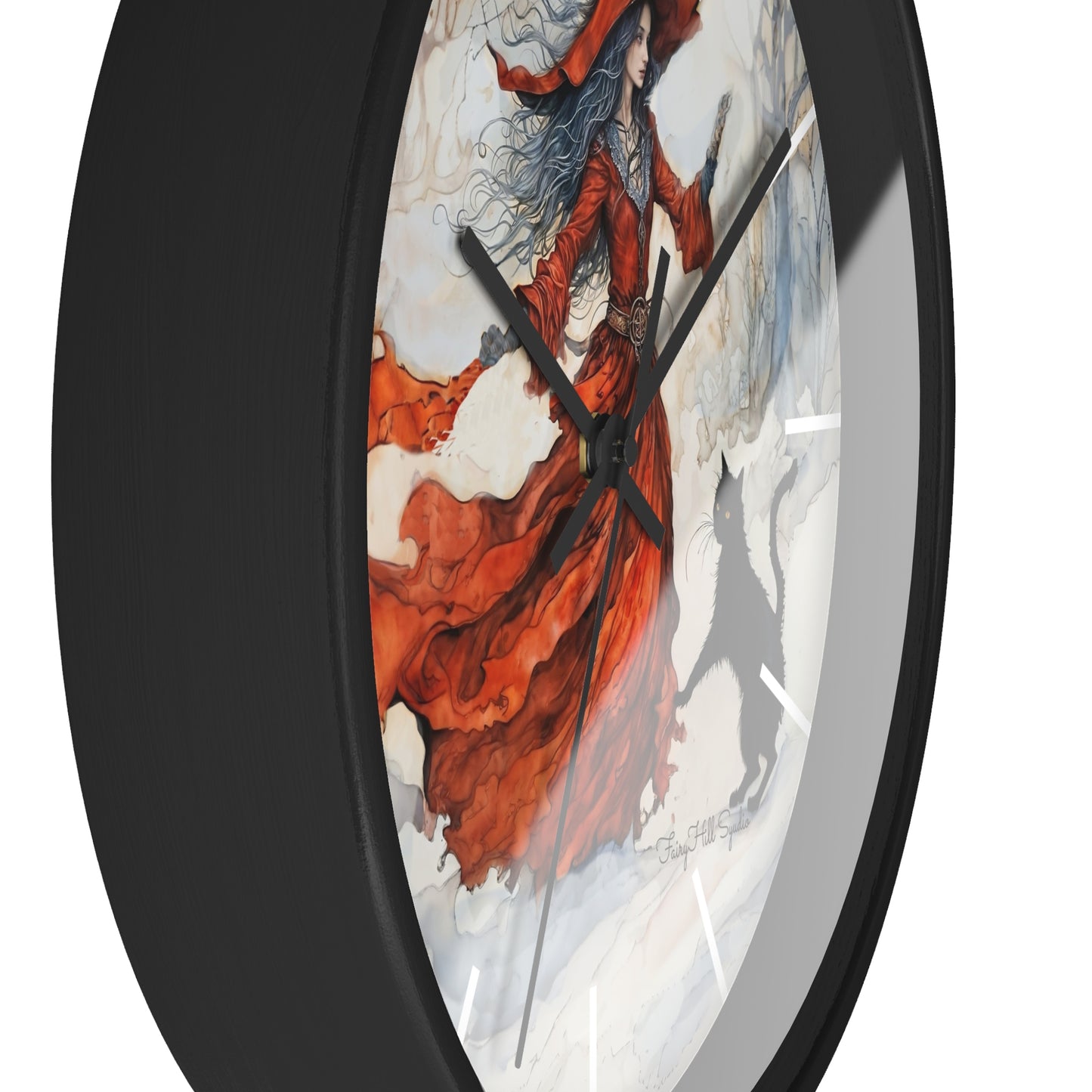 Crimson Witch with black cat Wall Clock, Boho Home Decor, Cat Lover Gift, Cozy Living Room Accessory, Unique Cat Artwork