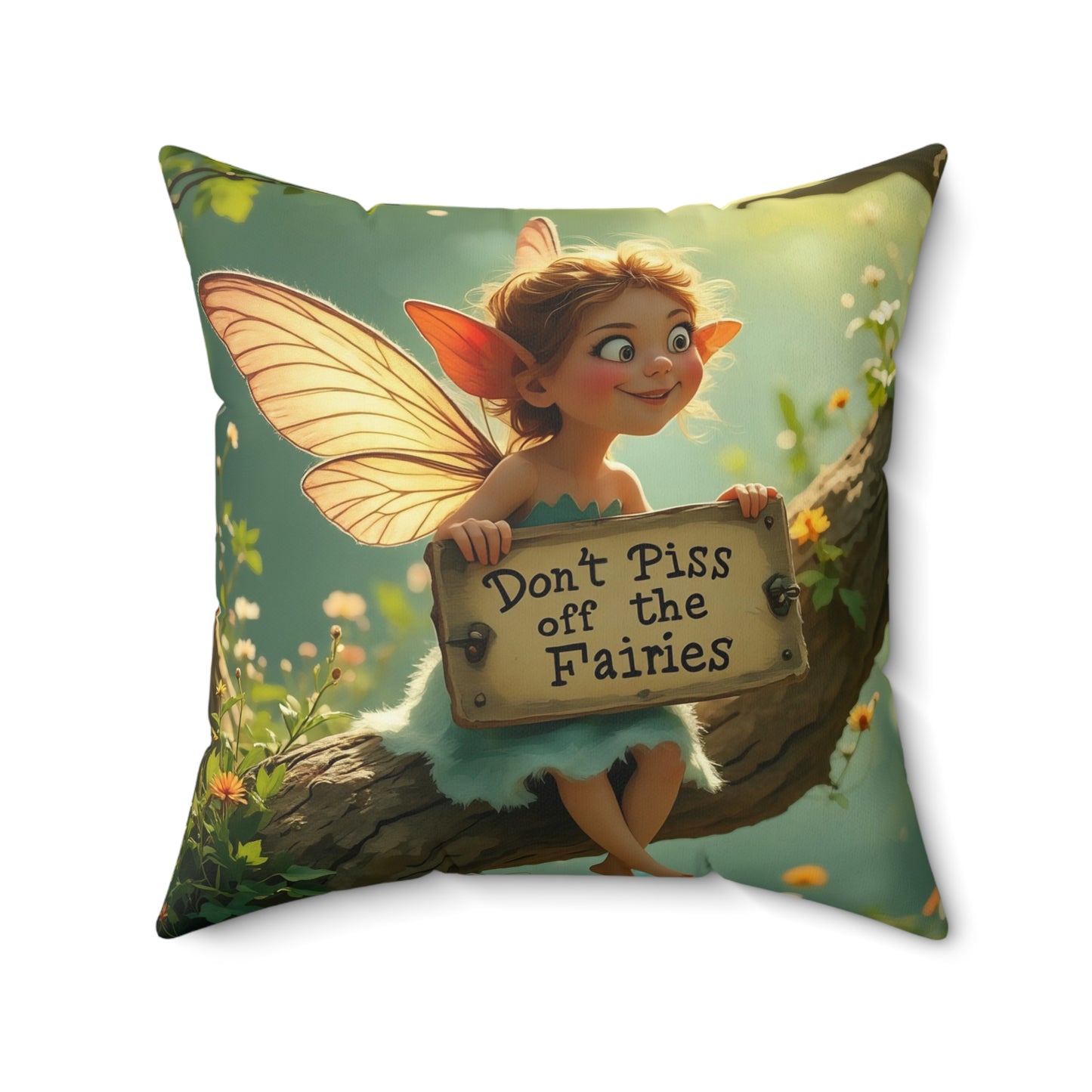 Square Pillow - "Don't Piss Off the Fairies"  Fairy Art Quote  by Fairyhill Studio