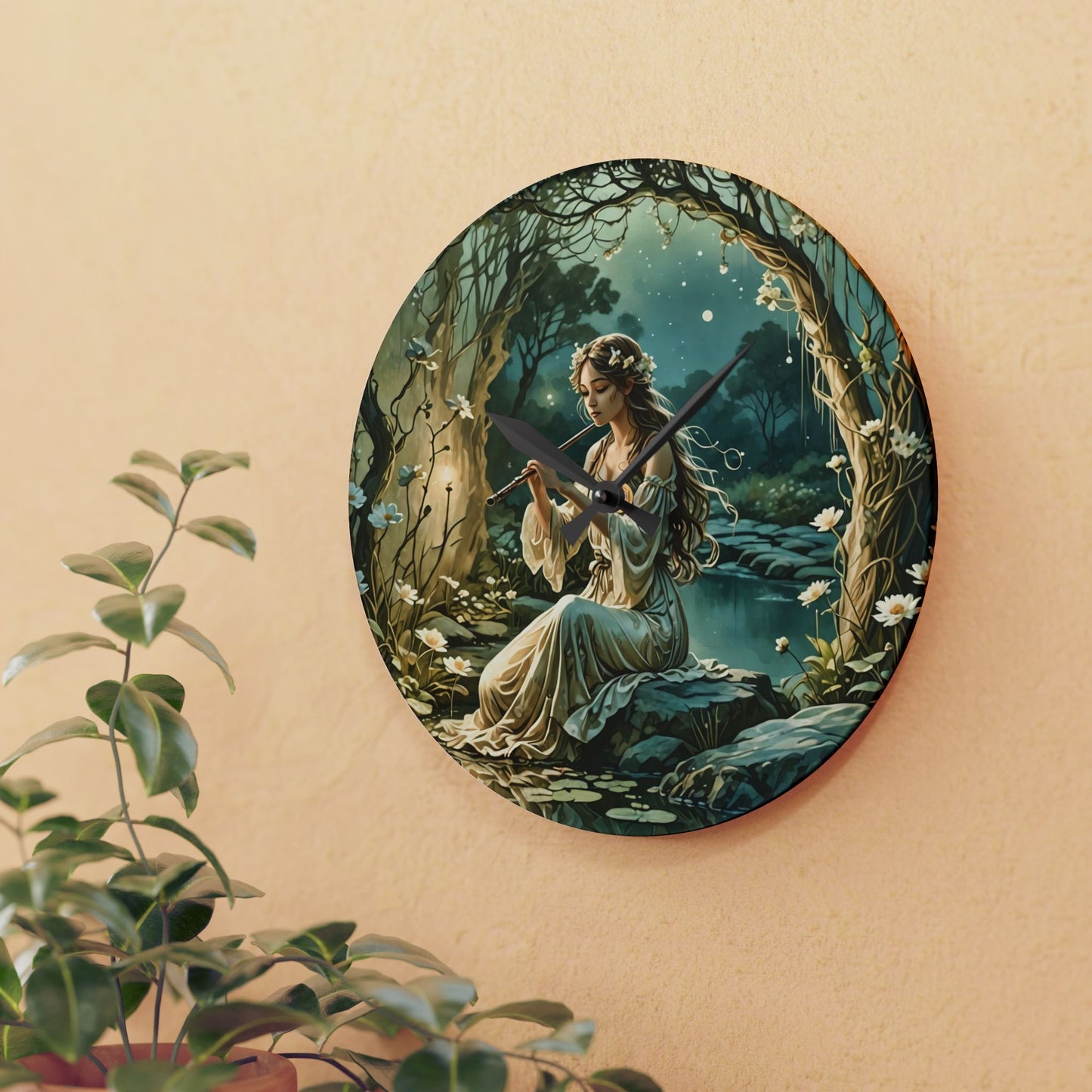 Acrylic Wall Clock - Enchanting Fairy Nymph Playing Flute by River