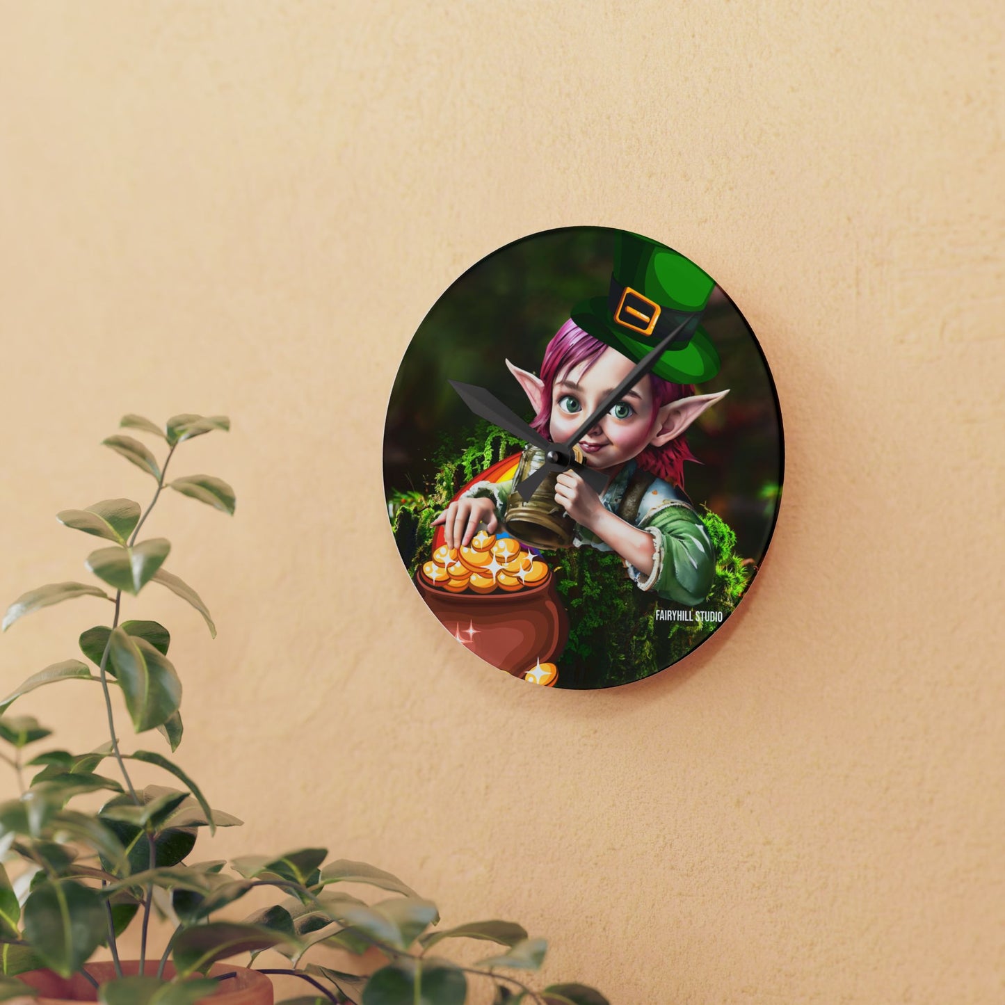 Acrylic Wall Clock Irish Elf with pot of gold/Art