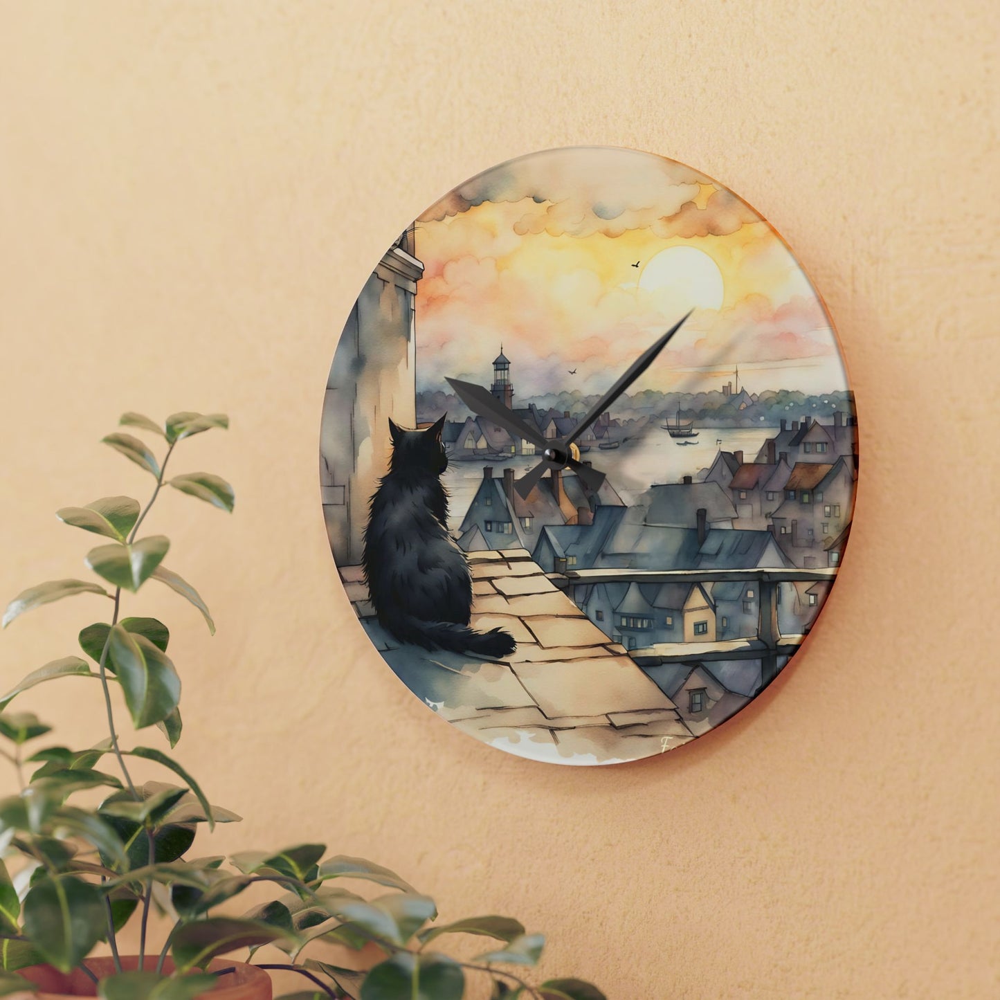 Black Cat on a roof top - by Fairyhill Studio  Wall clock  Gift   Acrylic Wall Clock