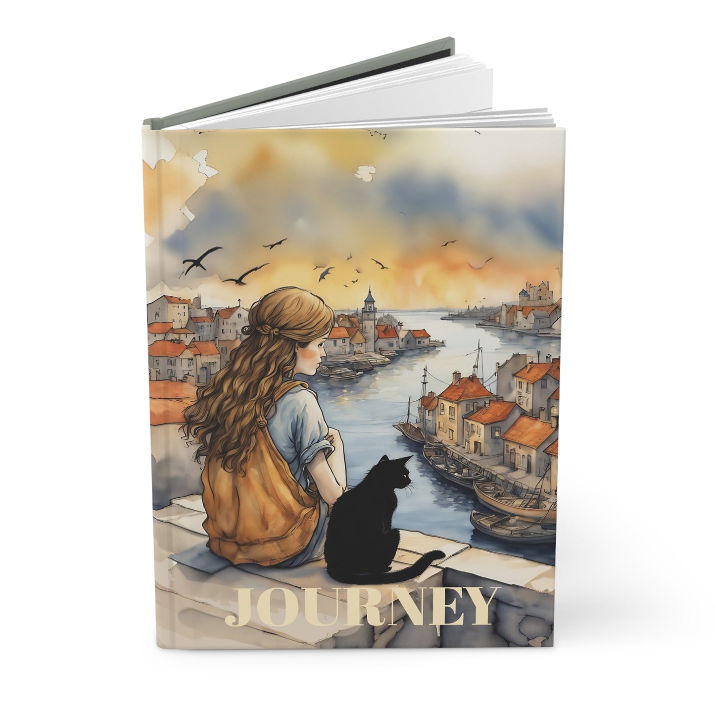 Girl with a Black Cat on a roof top hard cover Journal hard Cover ,Notebook gift art Matte