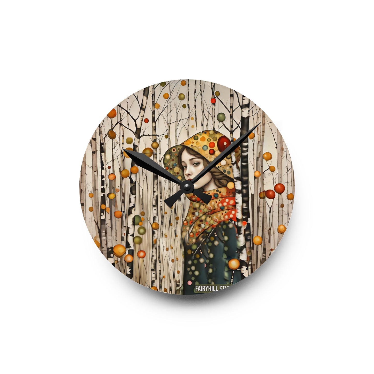 Acrylic Wall Clock - Autumn Girl in Birch Forest Art by Fairyhill Studio