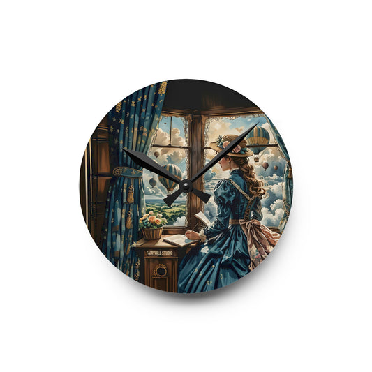 Acrylic Wall Clock -Victorian girl watching the Hot Air Balloons