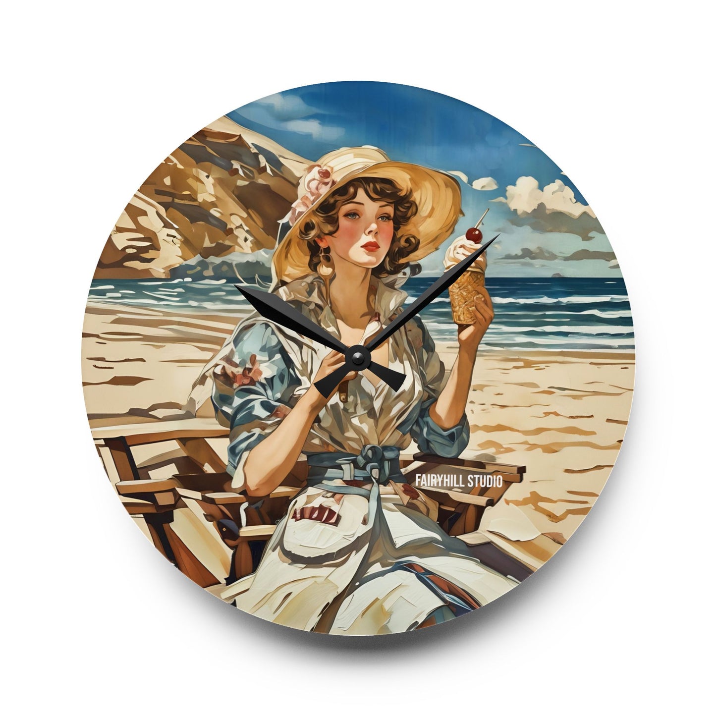 Acrylic Wall Clock Vintage model with an icecream at the beach/Art