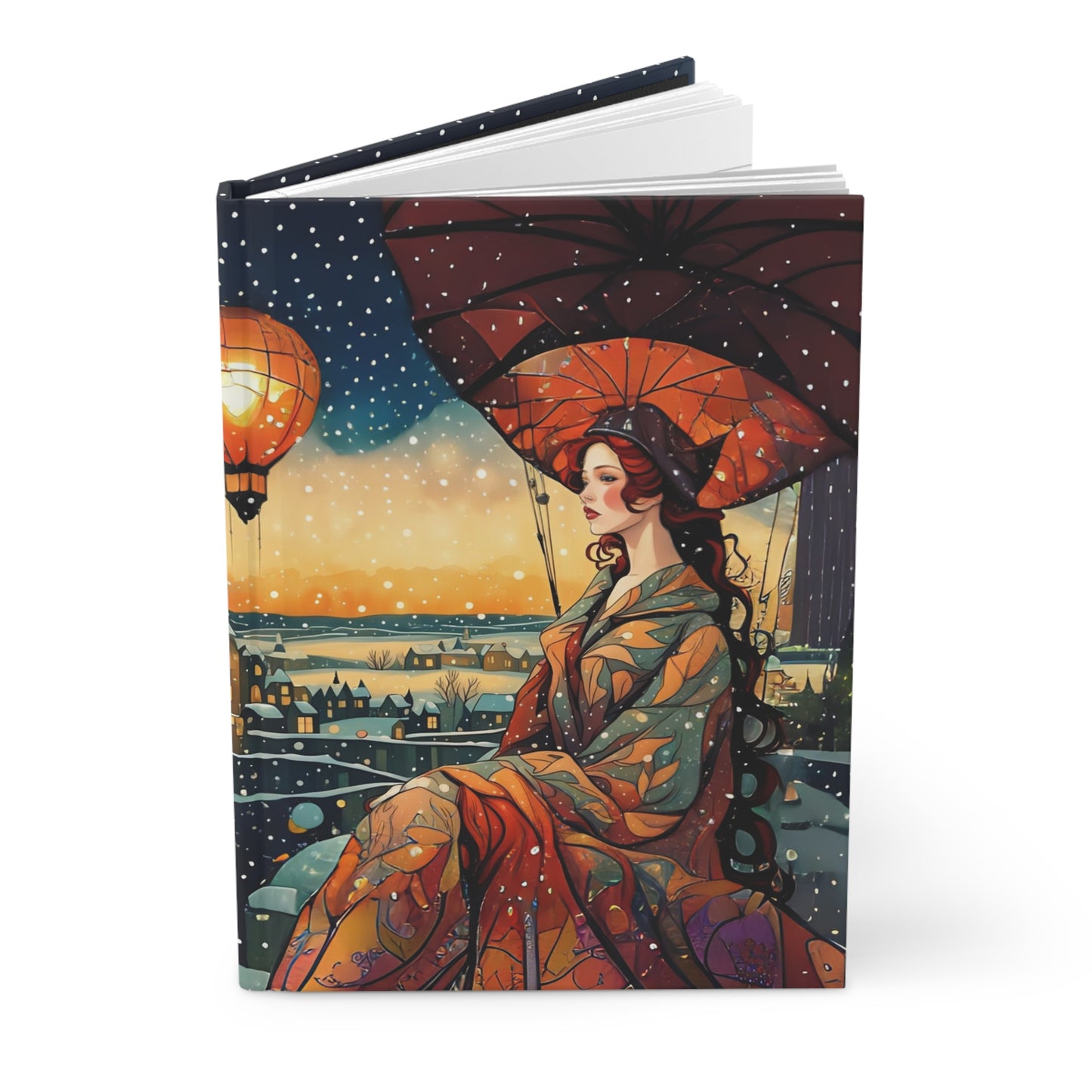 Cityscape Hardcover Journal Matte - Snowy Night with Hot Air Balloons -