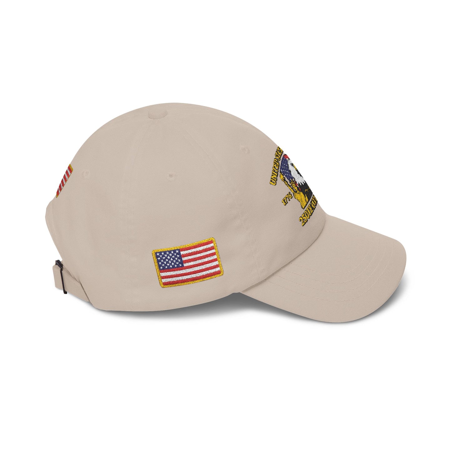 250th Anniversary USA Flag Patch Hat – Embroidered Gold Border Edition (1776–2026) – Classic White Baseball Hat
