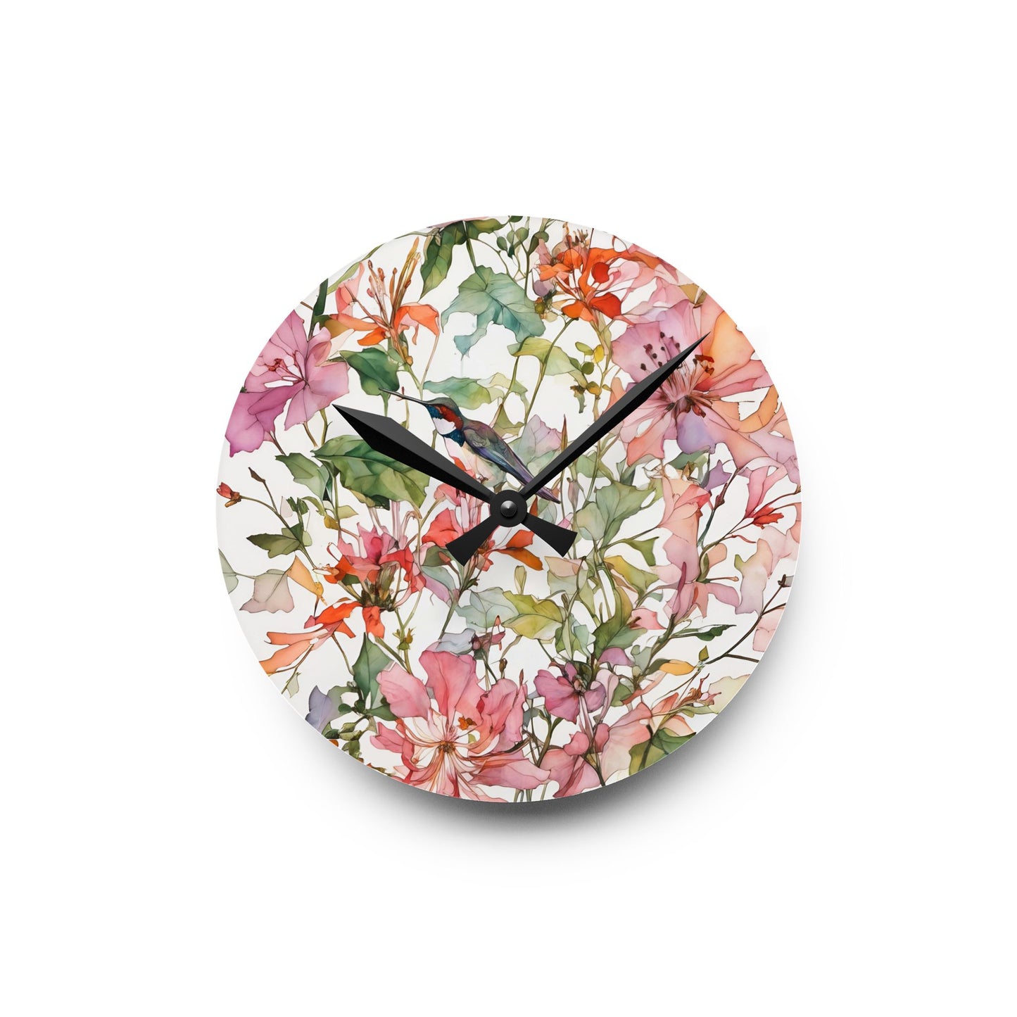 Wall Clock - Hummingbird in Pink Wild Flowers Watercolor Art by Fairyhill Studio
