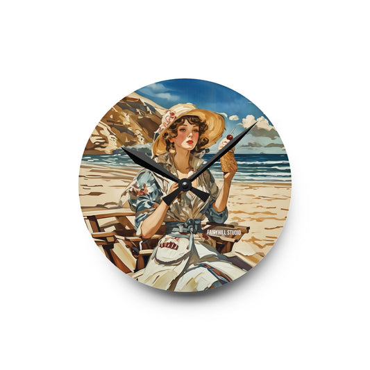 Acrylic Wall Clock Vintage model with an icecream at the beach/Art