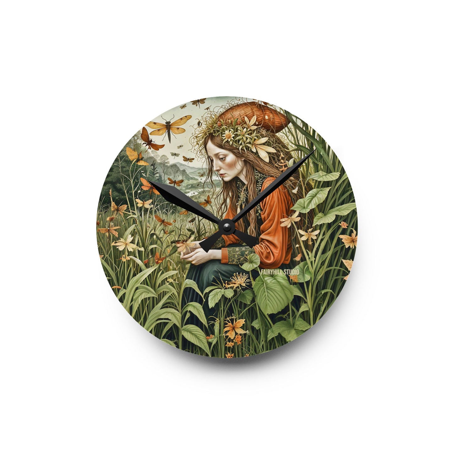 Acrylic Wall Clock -  Botanical garden and Dragonflies Art