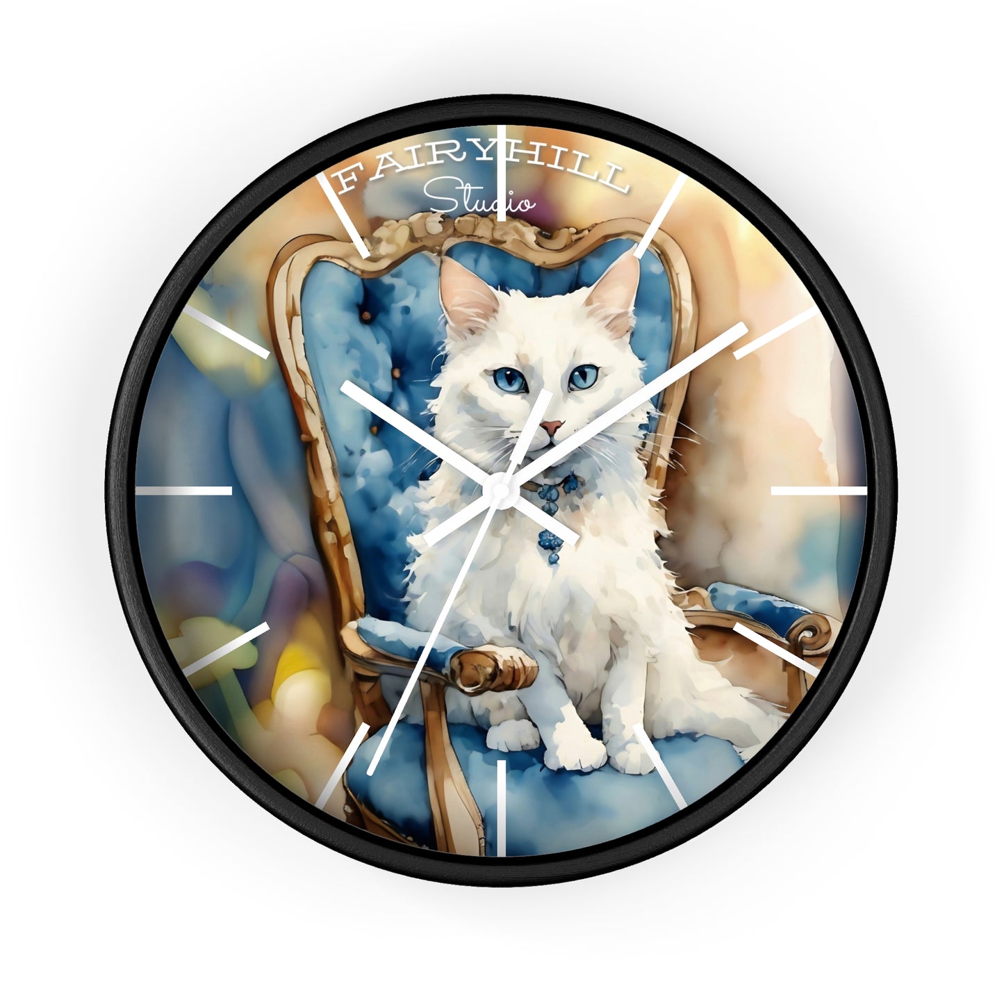 Fairy Hill Studio" White cat "  Wall Clock