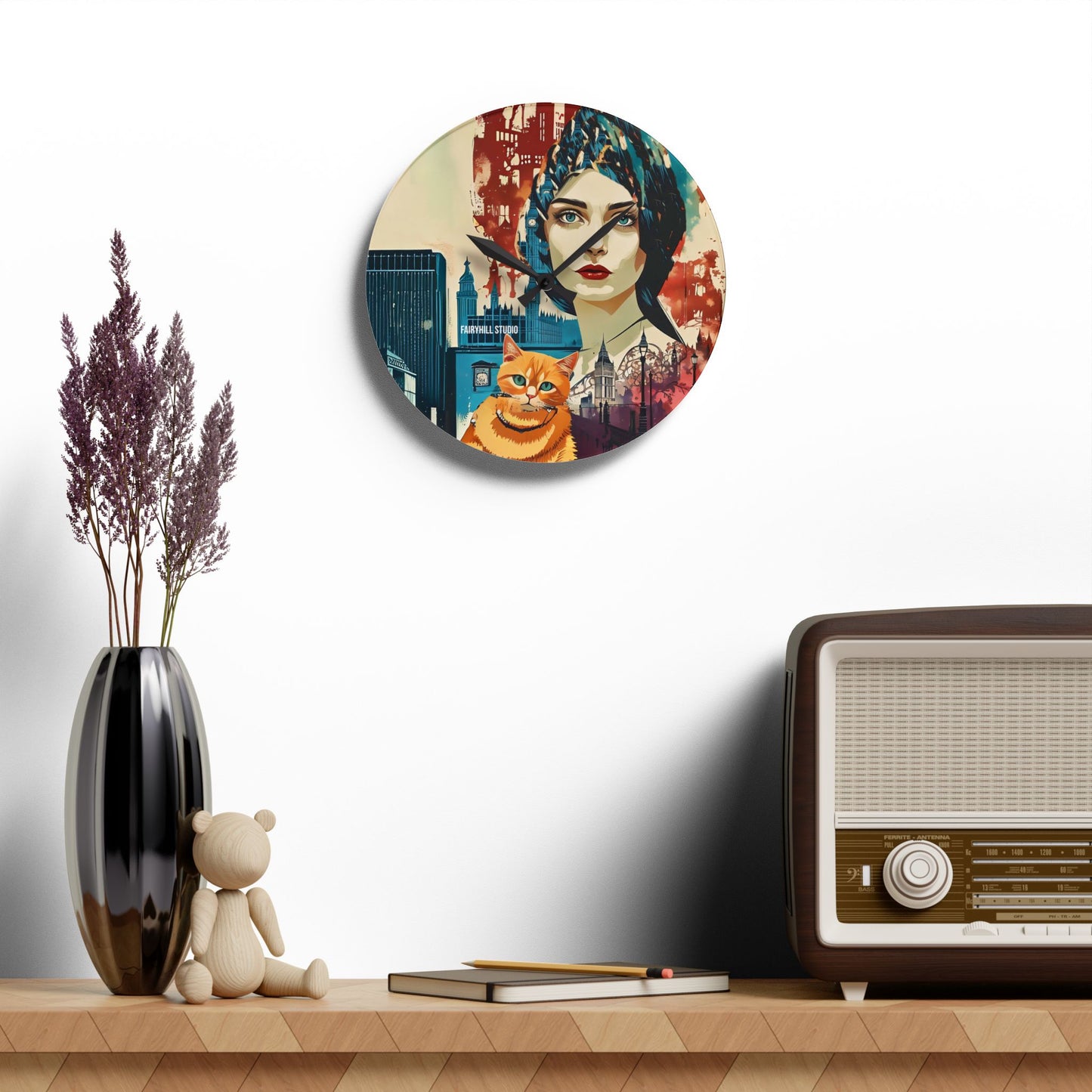 Acrylic Wall Clock -Model with a Yellow cat in London /Art