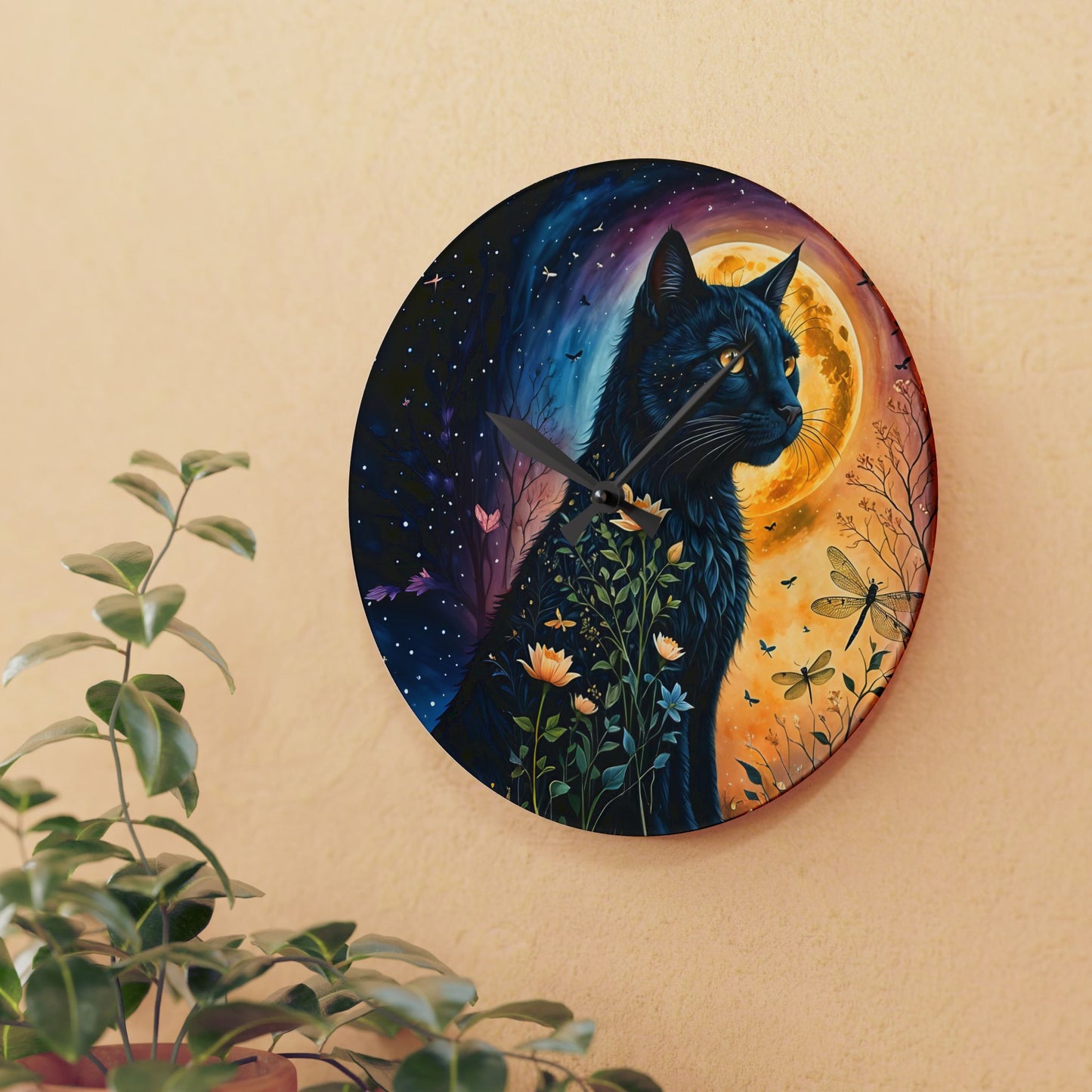 Acrylic Wall Clock - Black Cat Night Flowers Dragonflies Beautiful Art