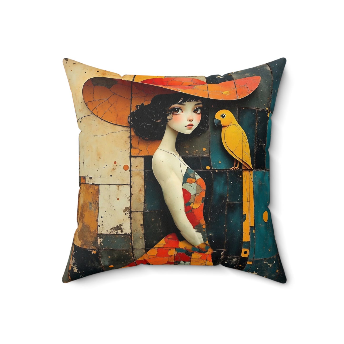 Girl with a yellow parrot   Square Pillow - by Fairyhill Studio