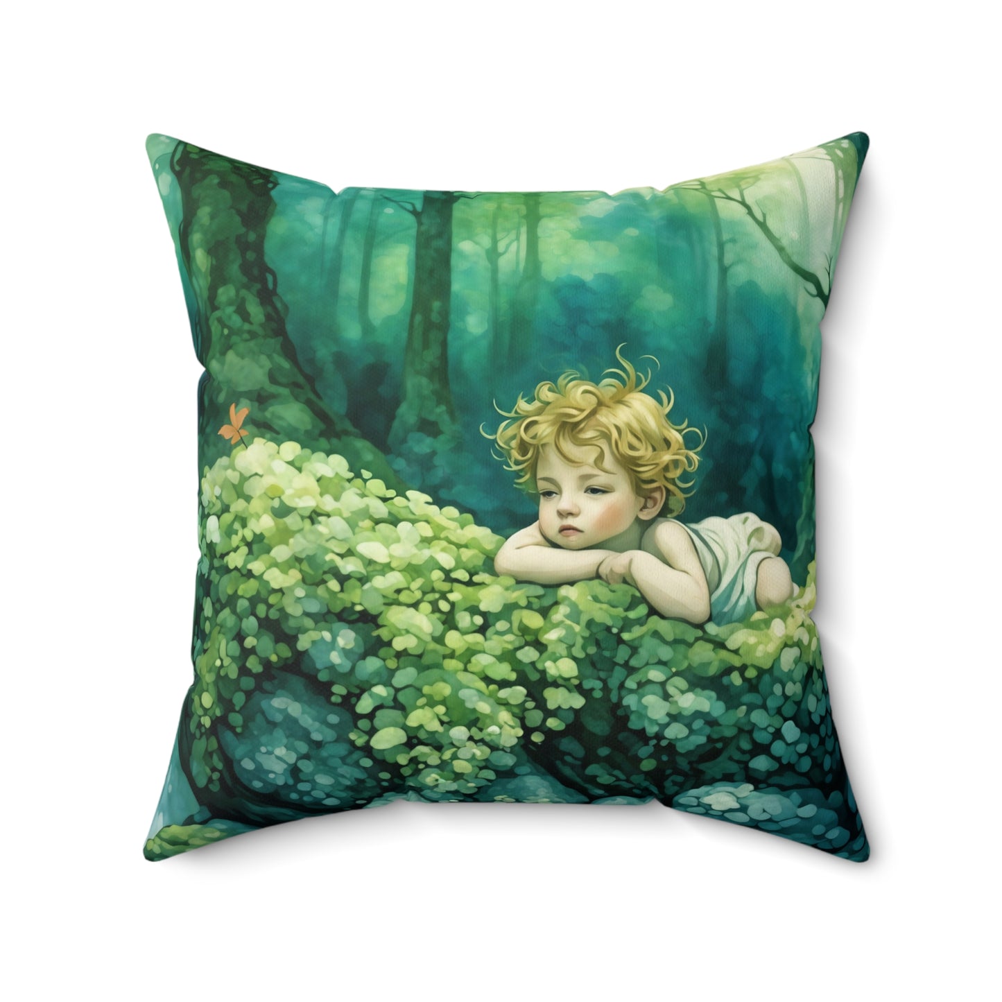 Cherub in the woods  Square Pillow - by Fairyhill Studio
