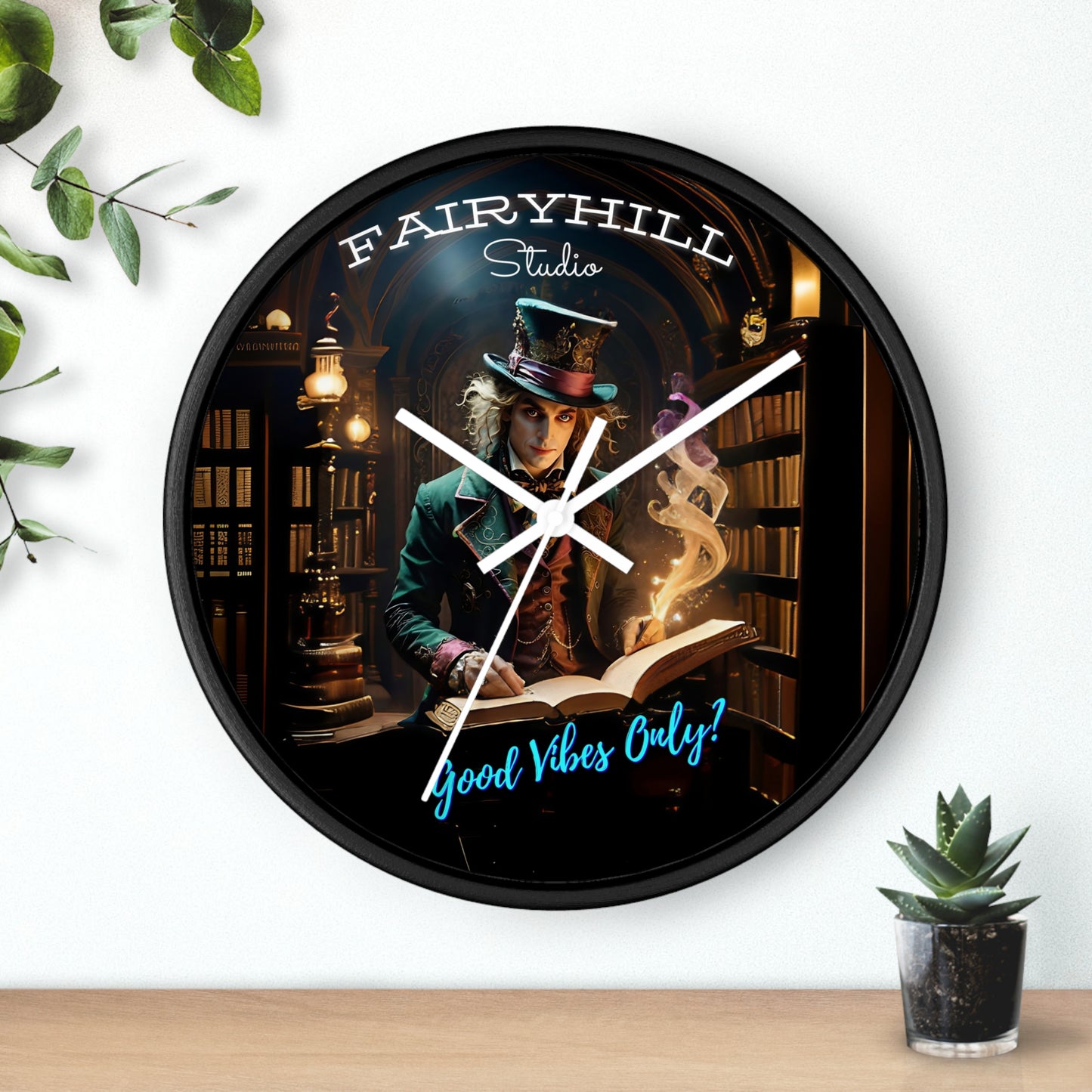 Wall Clock - Good Vibes Only Magician Mad Hatter Harry Potter Style Library Art