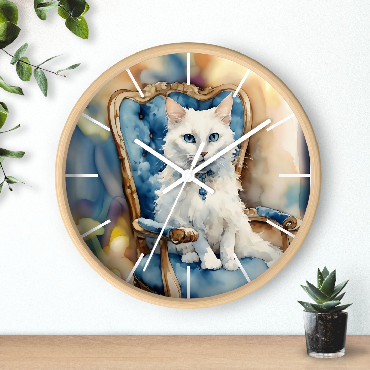 Fairy Hill Studio" White cat "  Wall Clock