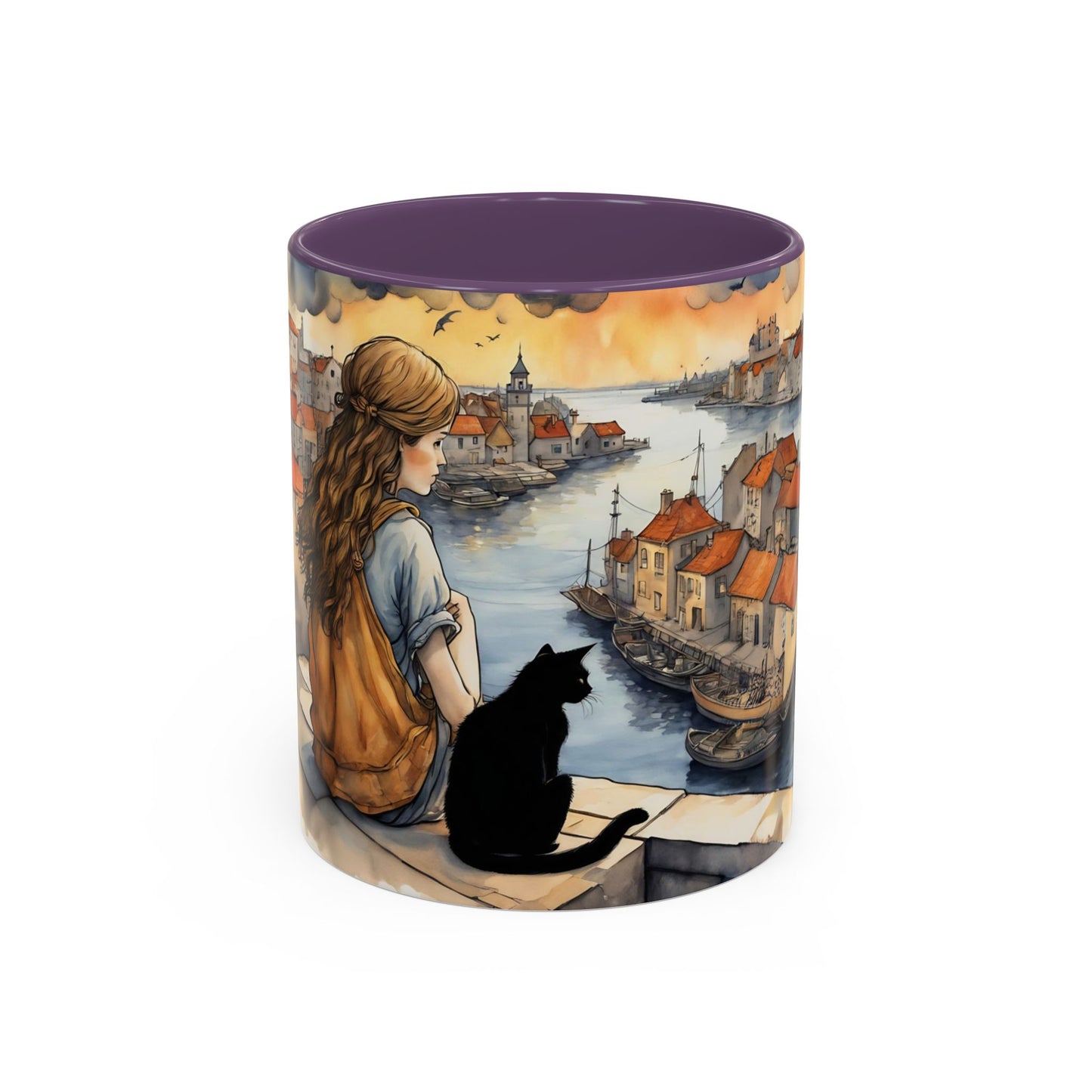 Girl with Black cat on a roof top Art-Themed Coffee Mug - 11 & 15oz Accent Mug for Musroom  Fsiry Lovers