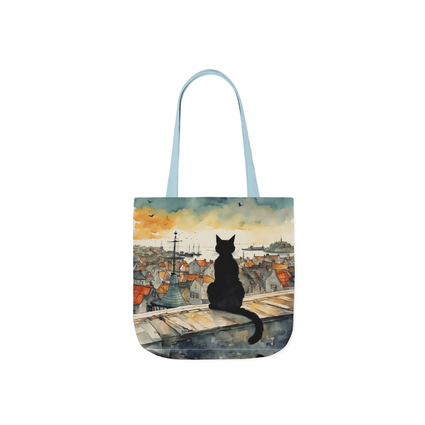 Black cat on a roof top  FairyHill Studio Red phone- Canvas Tote Bag - Perfect for Beach Days, Eco-Friendly Shopping, and Summer Fun!