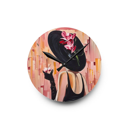 Acrylic Wall Clock Pink and Black Art Lady with Black Hat Marini Glass Fairyhill Studio Design