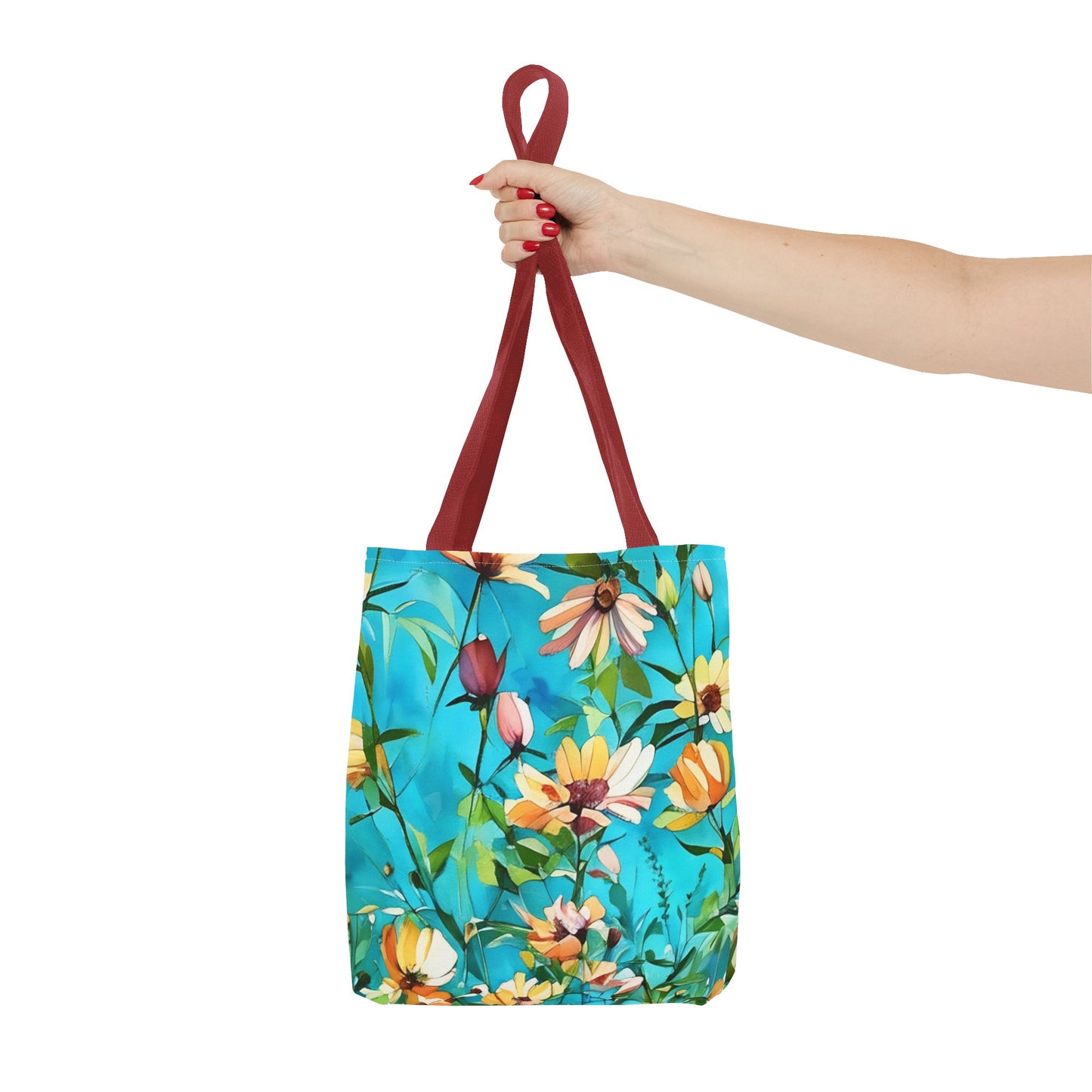 Floral Tote Bag with Wild Peach Color Flowers on Aqua Background