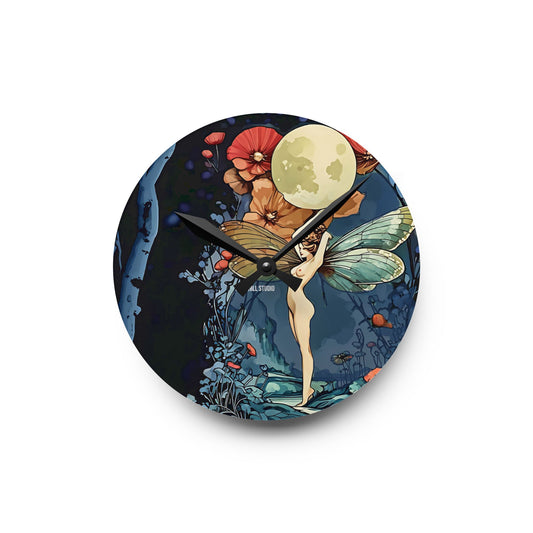 Wall Clock - Moon Fairy Holding Moon amongst Red Poppy Flowers Scene