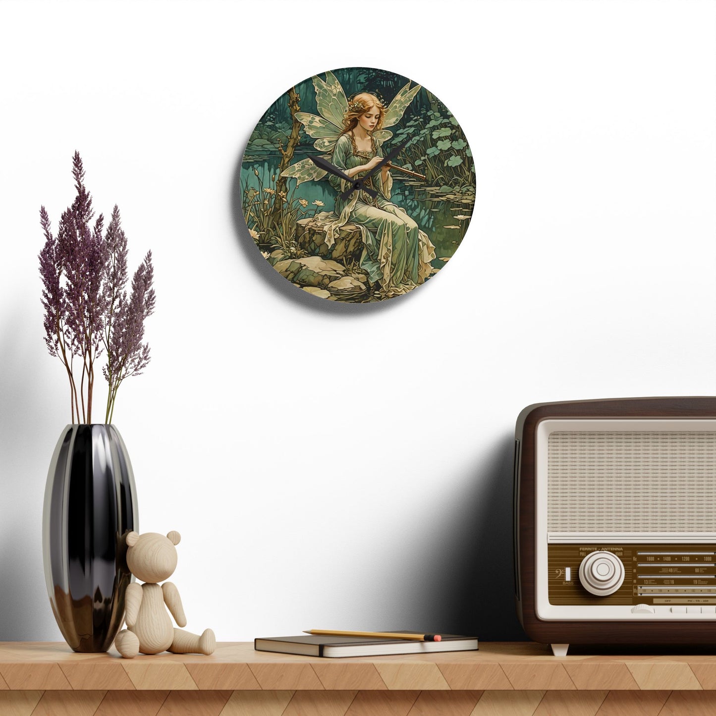 Acrylic Wall Clock - Mystical Fairy Nymph Playing Flute
