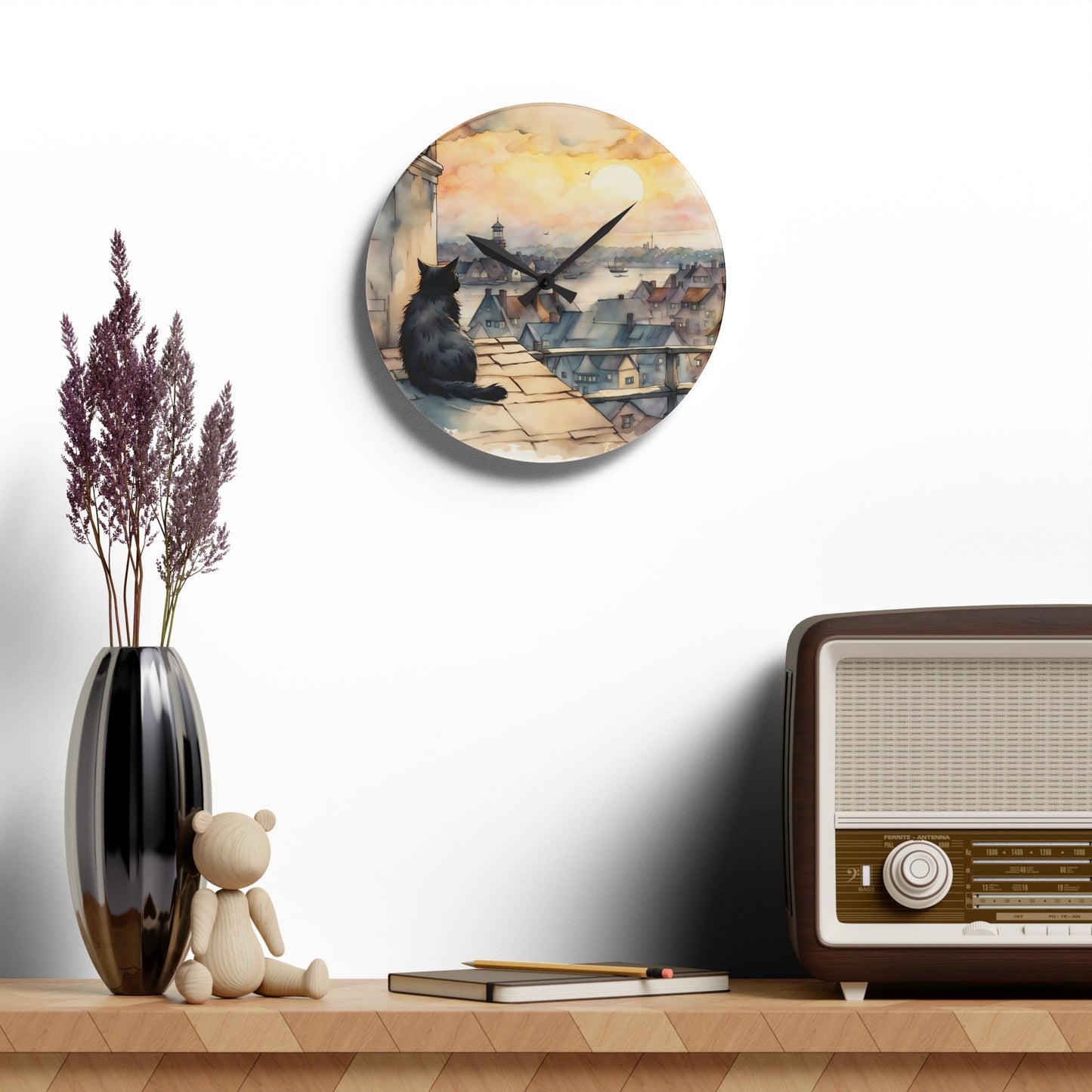 Black Cat on a roof top - by Fairyhill Studio  Wall clock  Gift   Acrylic Wall Clock
