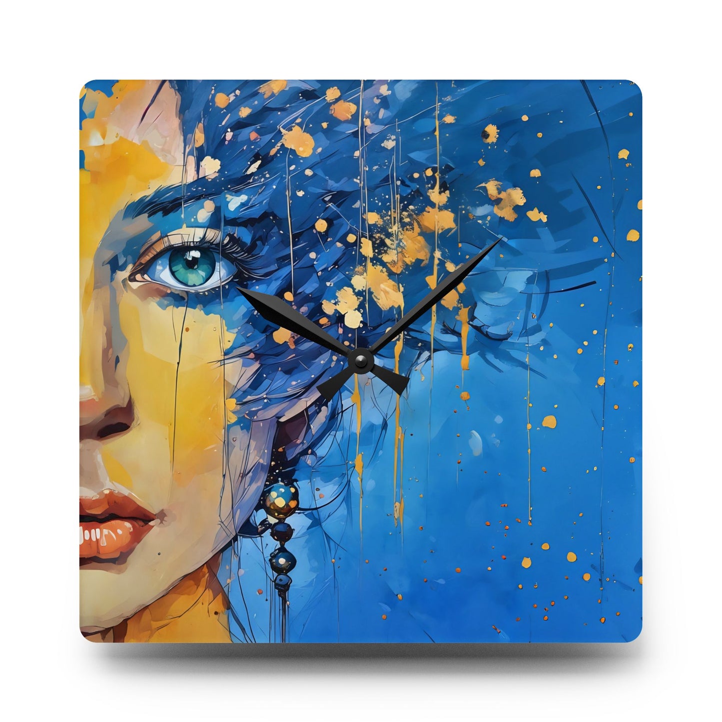 Acrylic Wall Clock Blue and Gold Abstract Woman Art