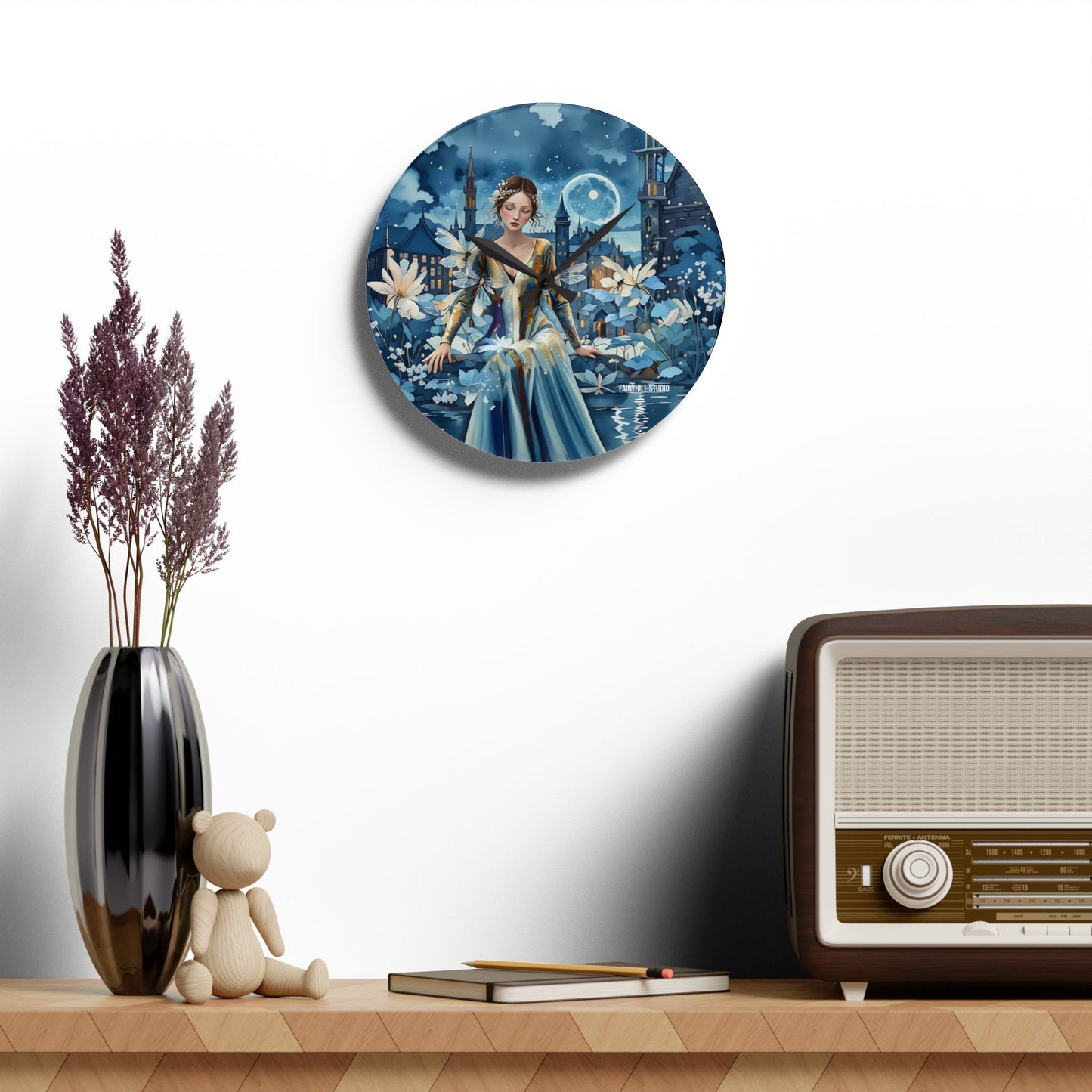 Acrylic Wall Clock Beauty in Blue  with dragonflies /Art