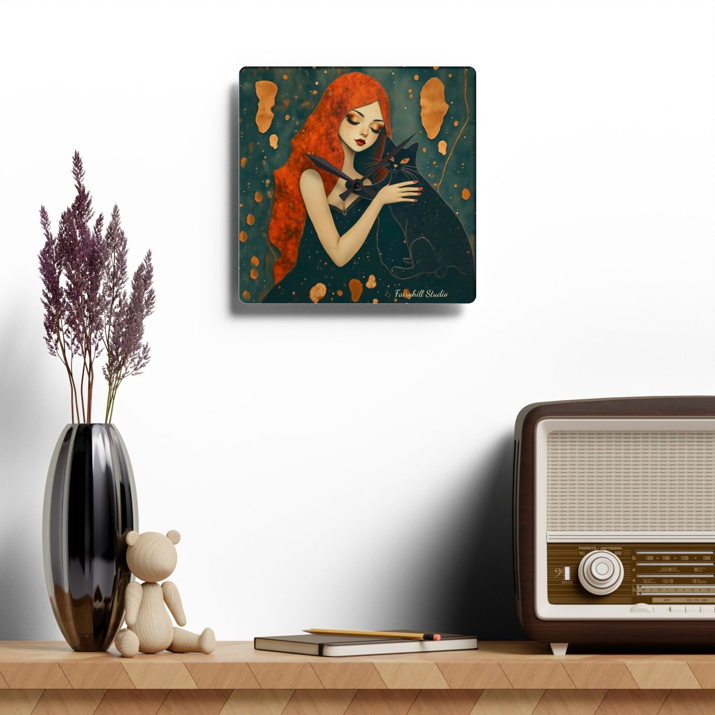 The Witching Hour Hug ,Girl with black cat   Wall clock  Gift   Acrylic Wall Clock