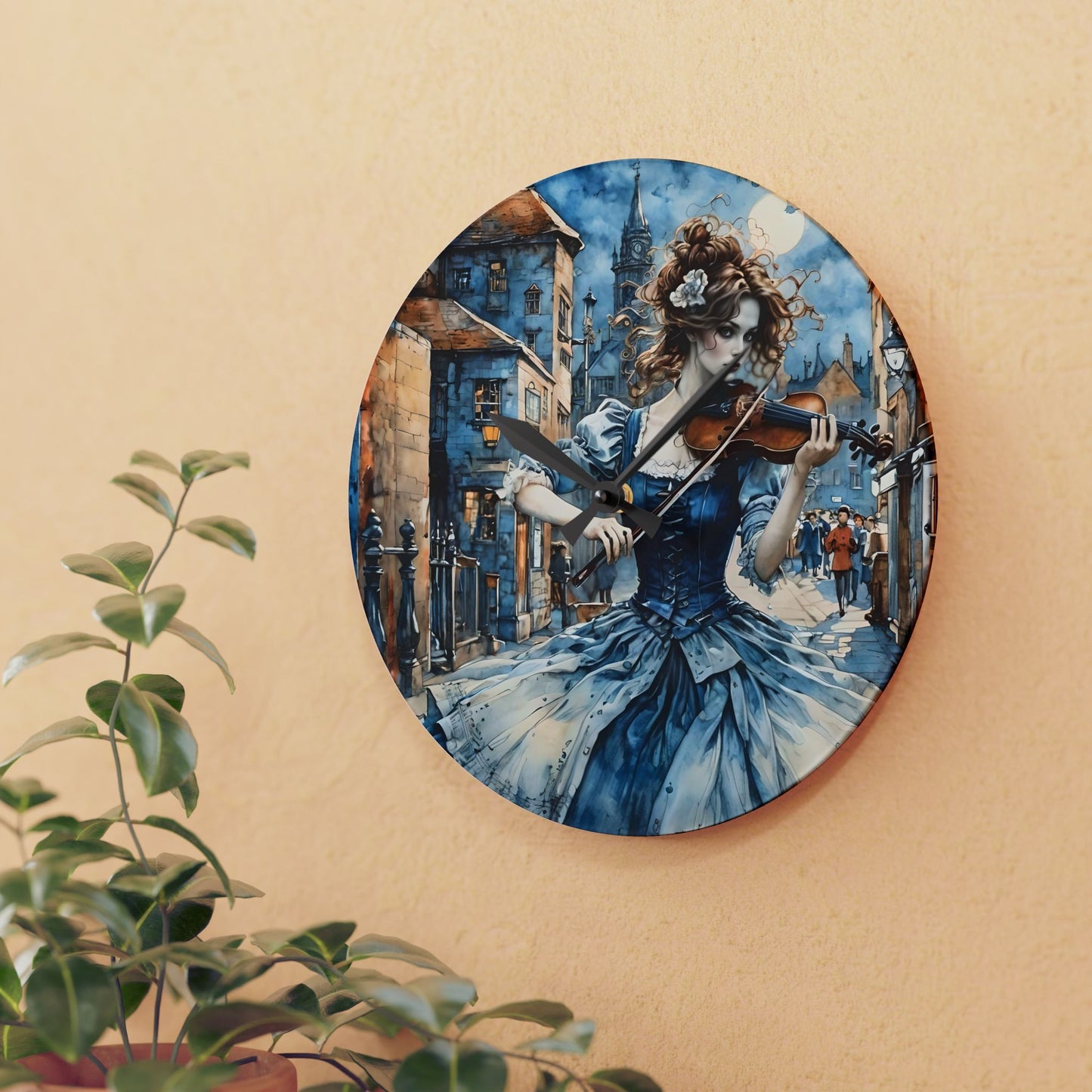 Acrylic Wall Clock - Blue Gypsy with a Violin Art