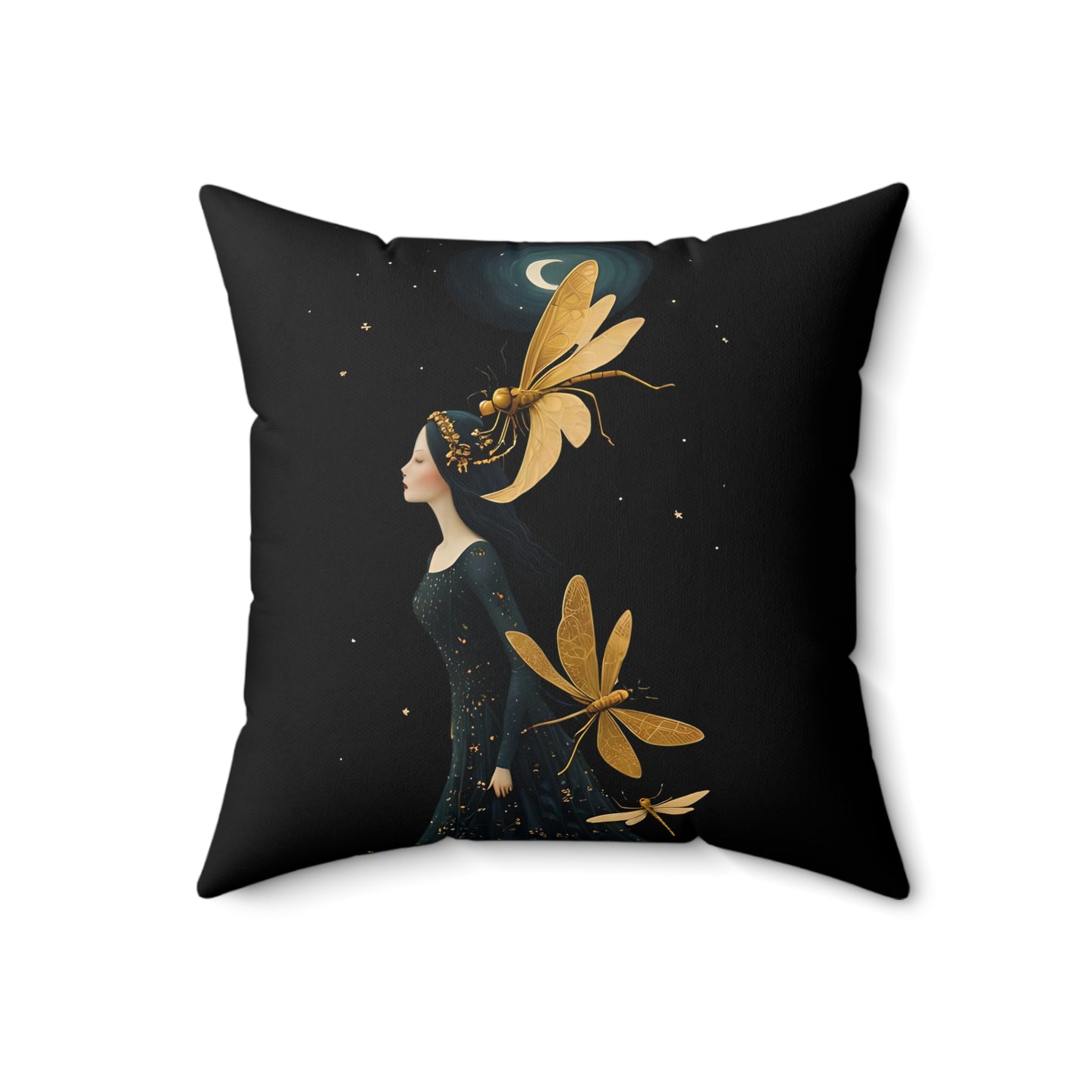 Girl with golden Dragonflies Spun Polyester Square Pillow