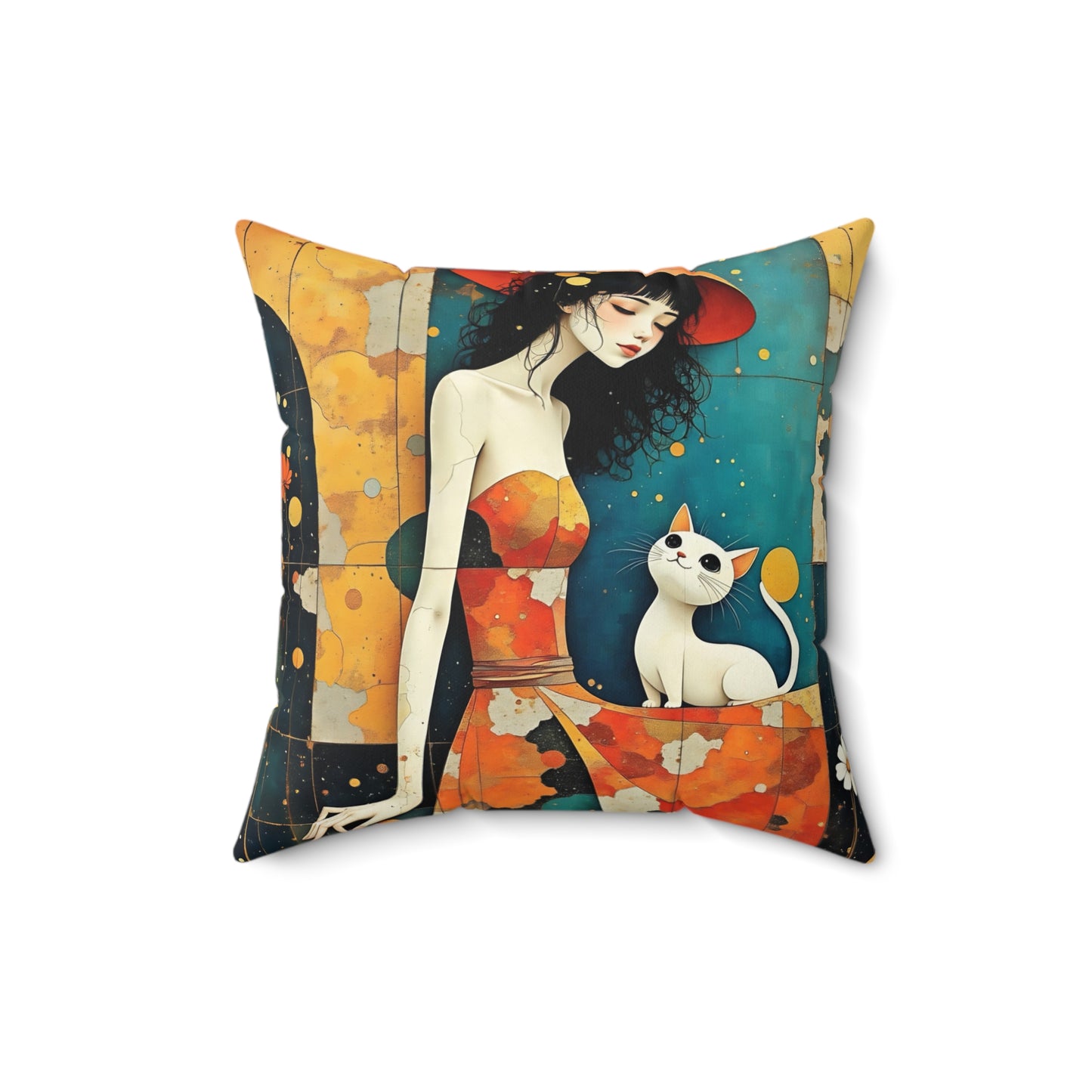 Witch with white  cat  Square Pillow - by Fairyhill Studio