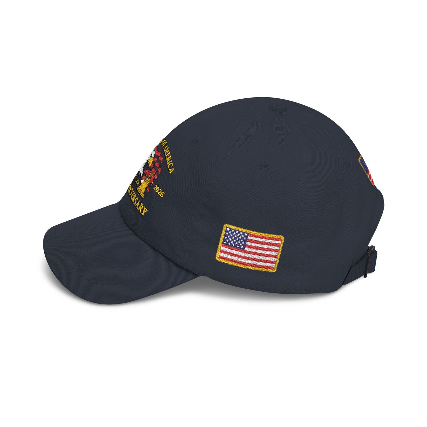 250th Anniversary USA Flag Patch Hat – Embroidered Gold Border Edition (1776–2026) – Classic White Baseball Hat