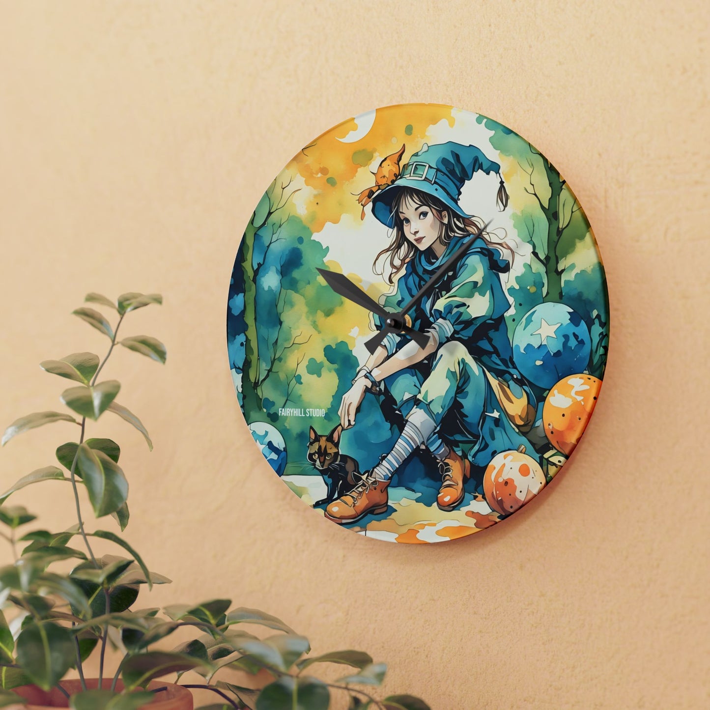 Acrylic Wall Clock -Girl with cat Art