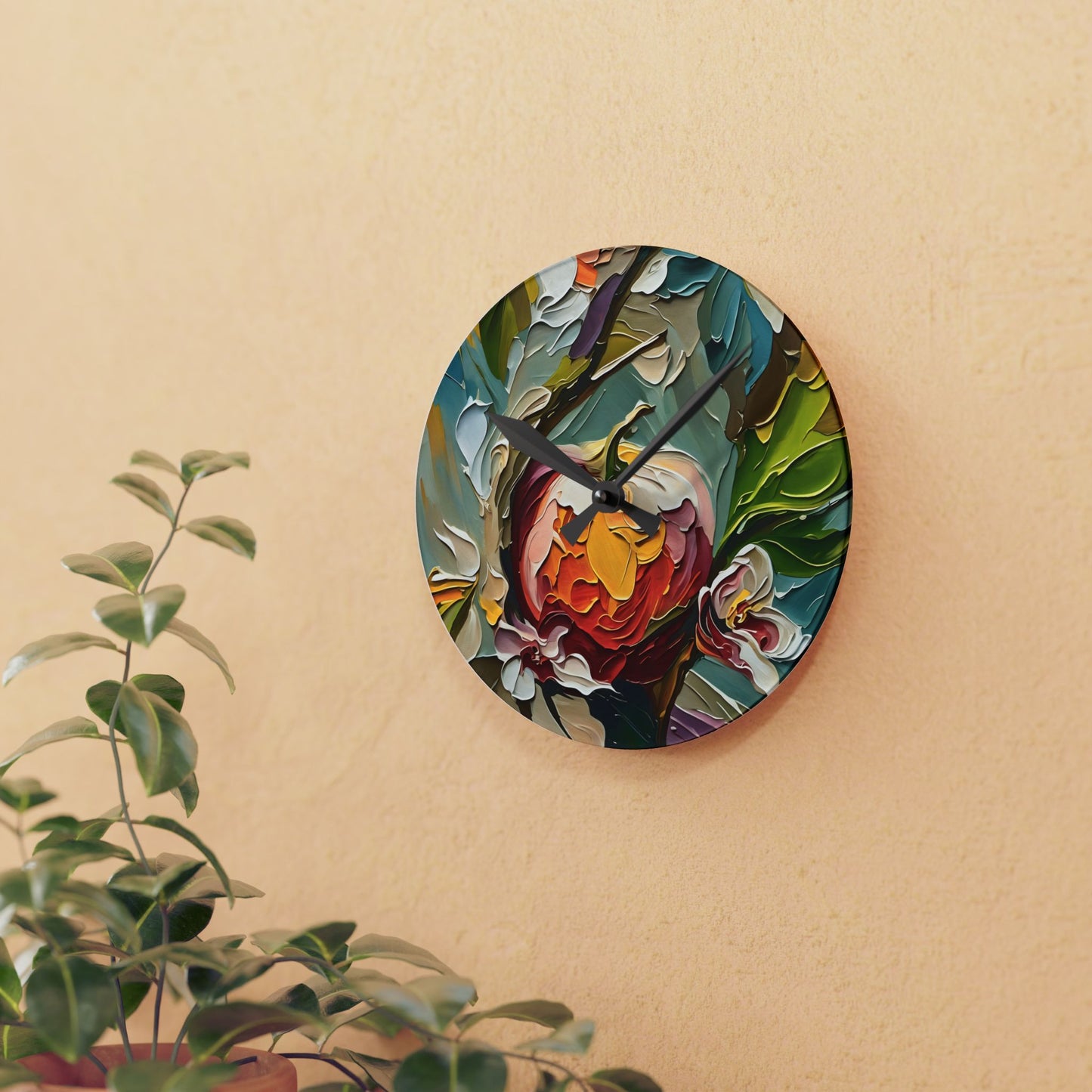 Wall Clock - Apple and Apple Flowers Impasto Art by Fairyhill Studio