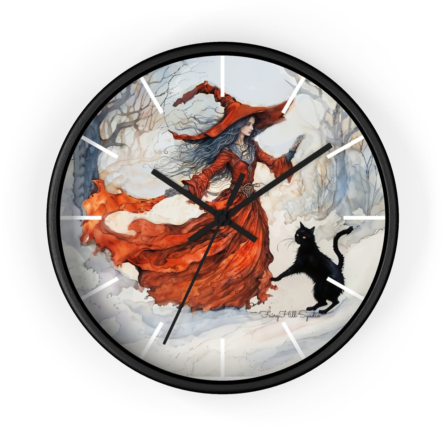 Crimson Witch with black cat Wall Clock, Boho Home Decor, Cat Lover Gift, Cozy Living Room Accessory, Unique Cat Artwork