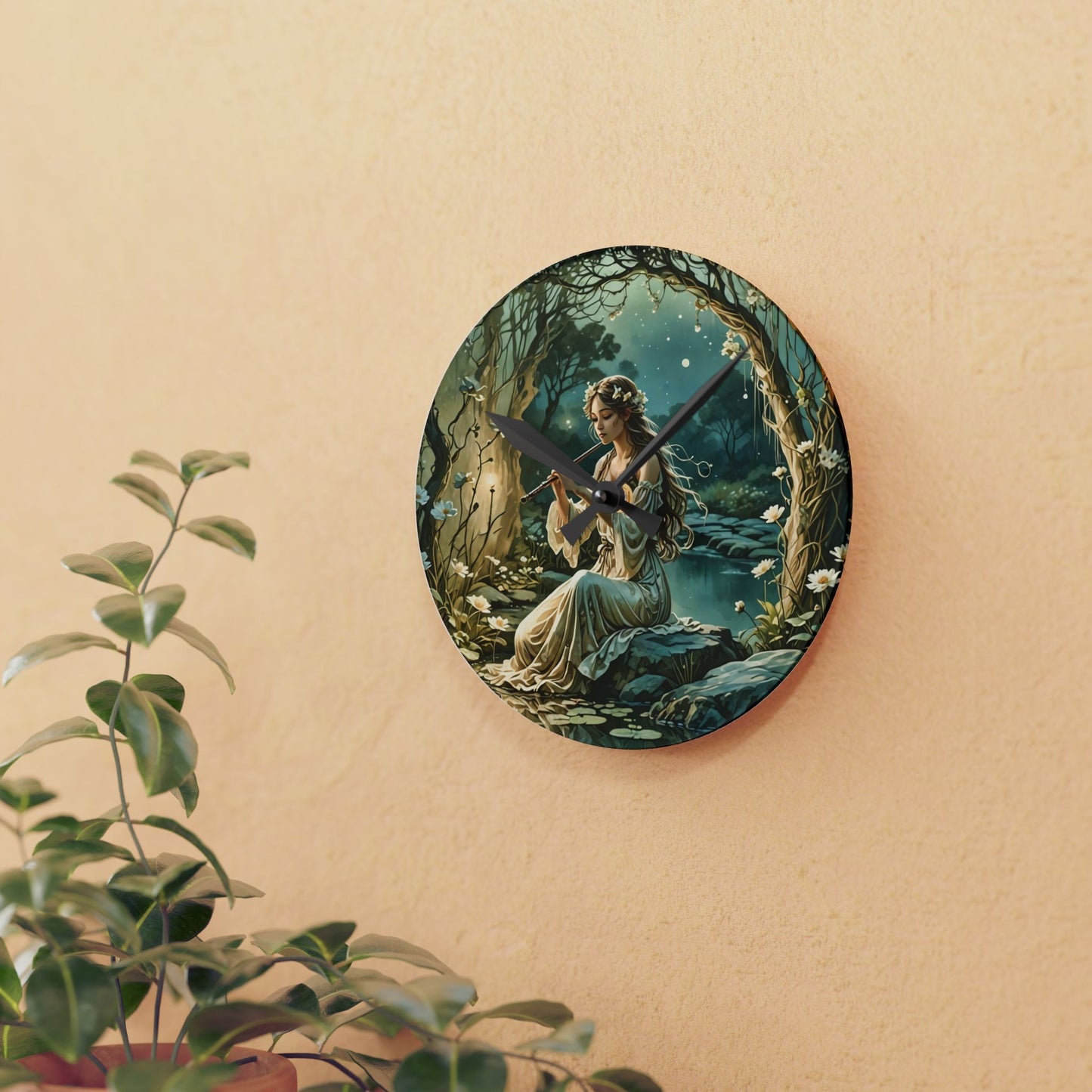 Wall Clock - Enchanting Fairy Nymph Playing Flute by a River Design by Fairyhill Studio
