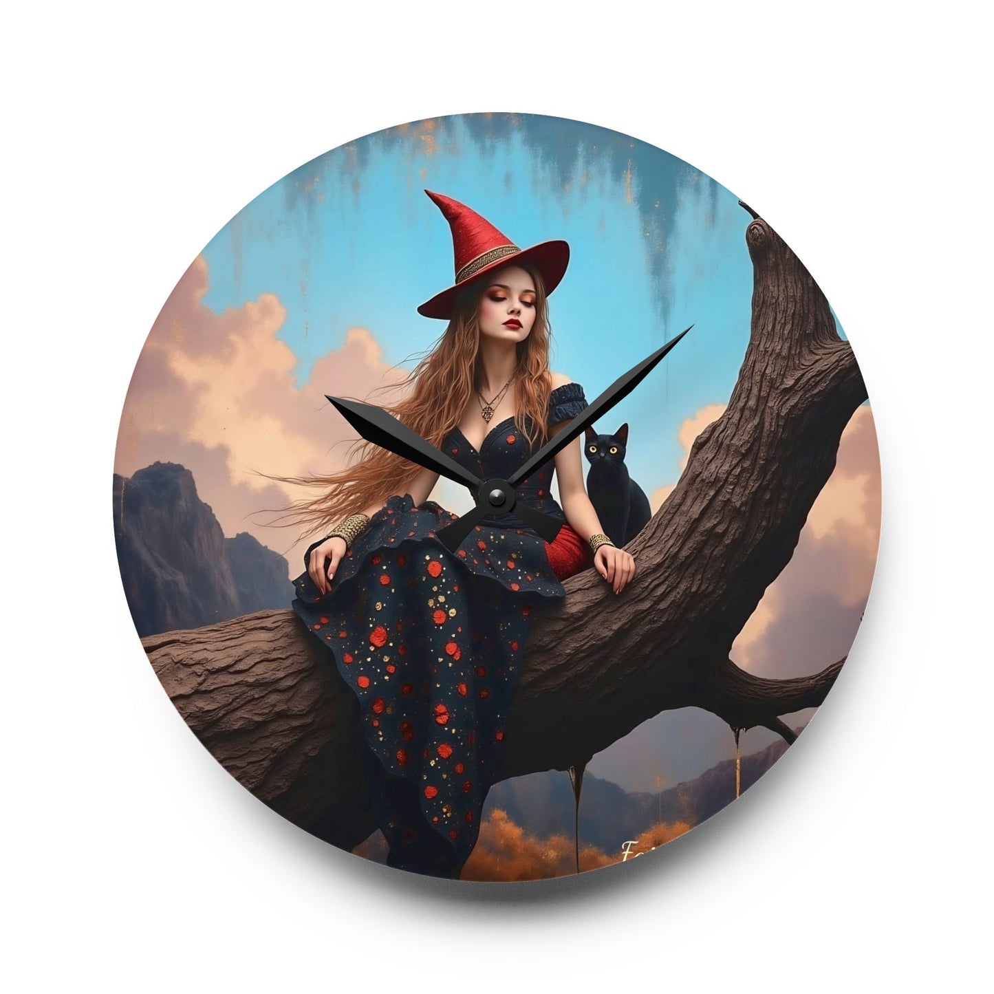 Elegant witch with black cat Wall clock  Gift   Acrylic Wall Clock