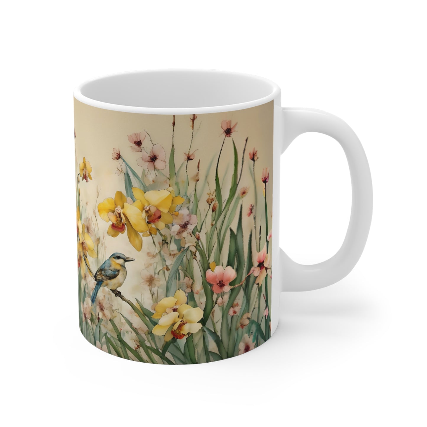 Mug 11oz Blue Bird in Yellow Flowers Art