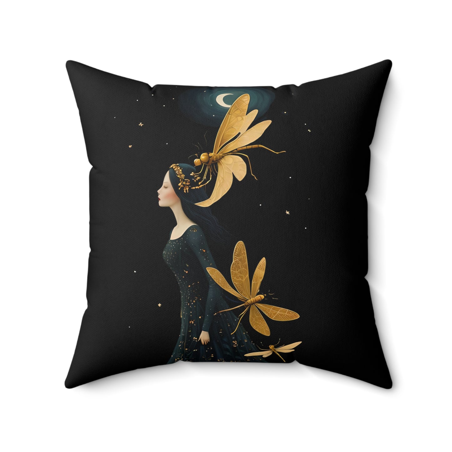 Square Pillow - Midnight Girl with Golden Dragonflies at Night Art by Fairyhill Studio
