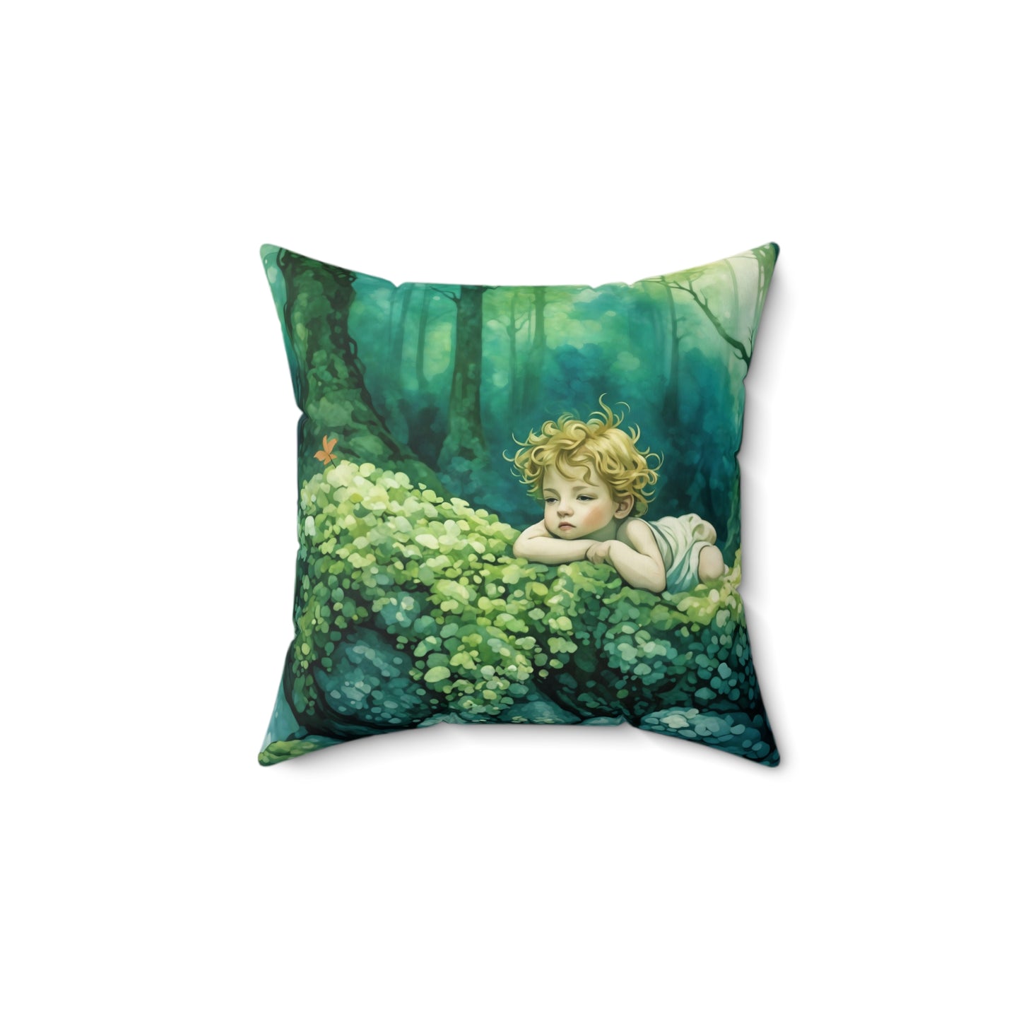 Cherub in the woods  Square Pillow - by Fairyhill Studio