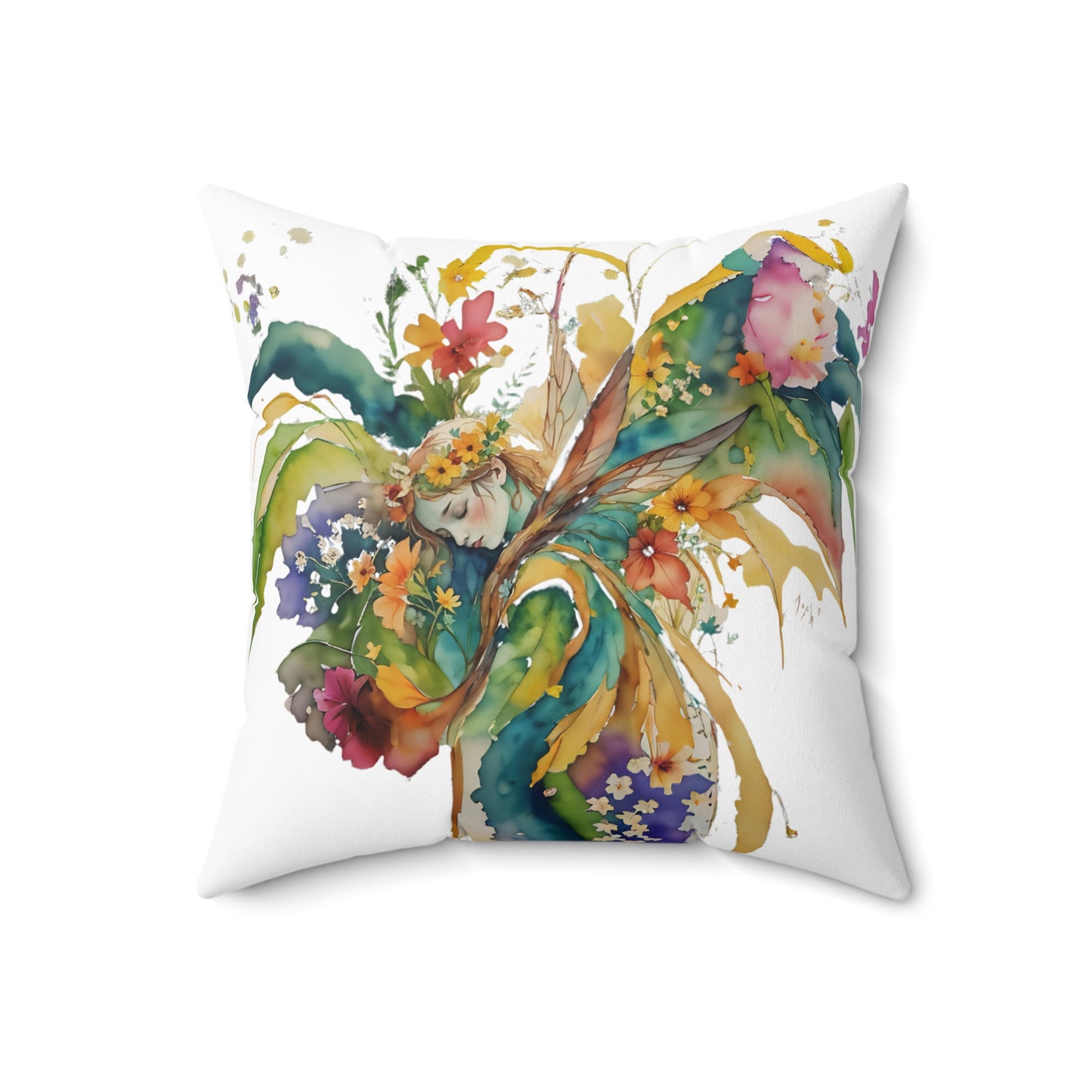 Square Pillow - Colorful nature spirit angel in flowers Spun Polyester Pillow