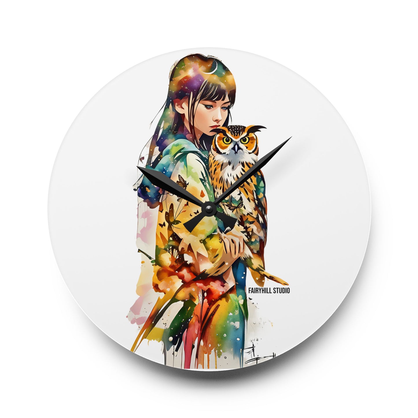 Acrylic Wall Clock -Girl with Owl Art