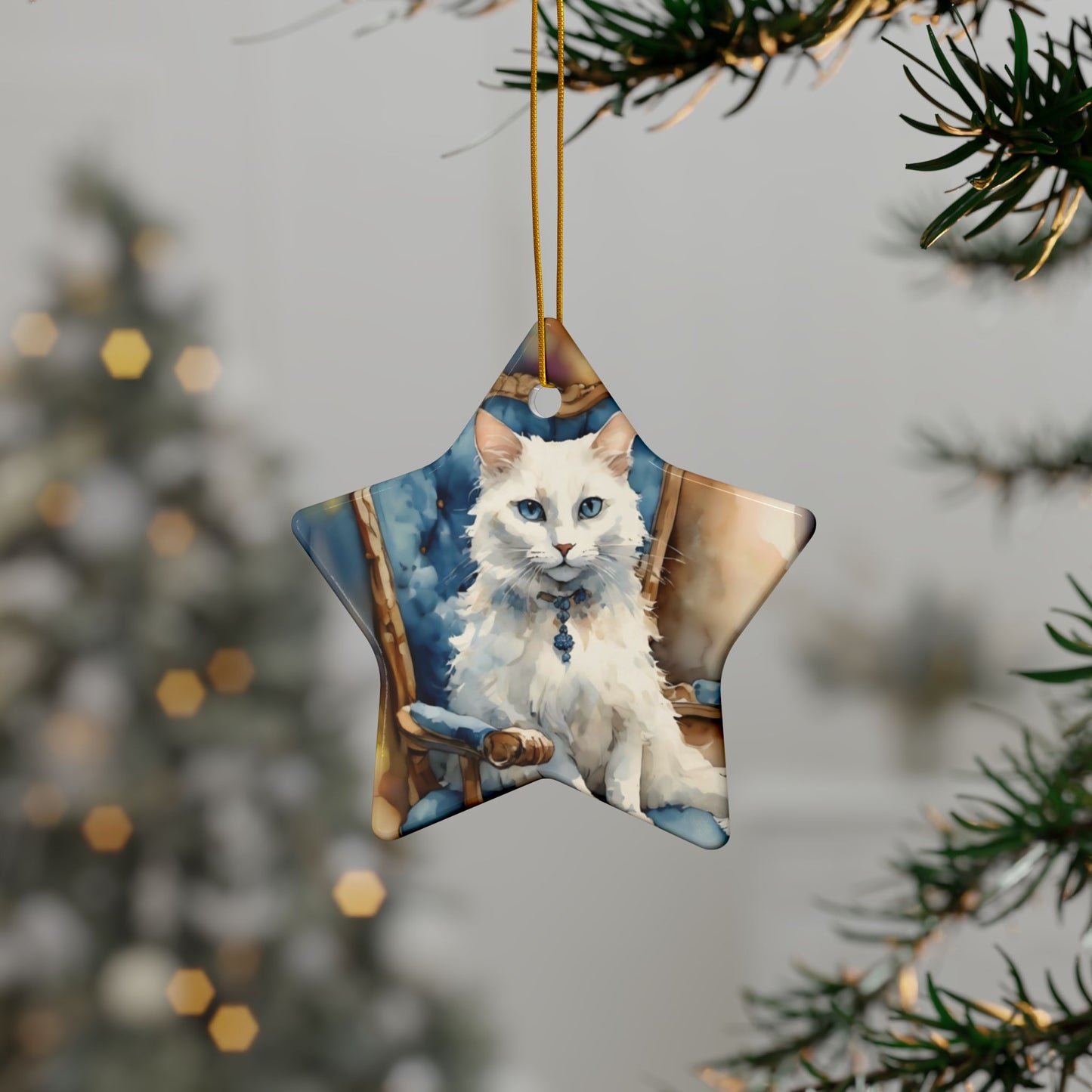 Ceramic Ornaments - White Cat on Blue Chair - 2-Side Print - Holiday Decor