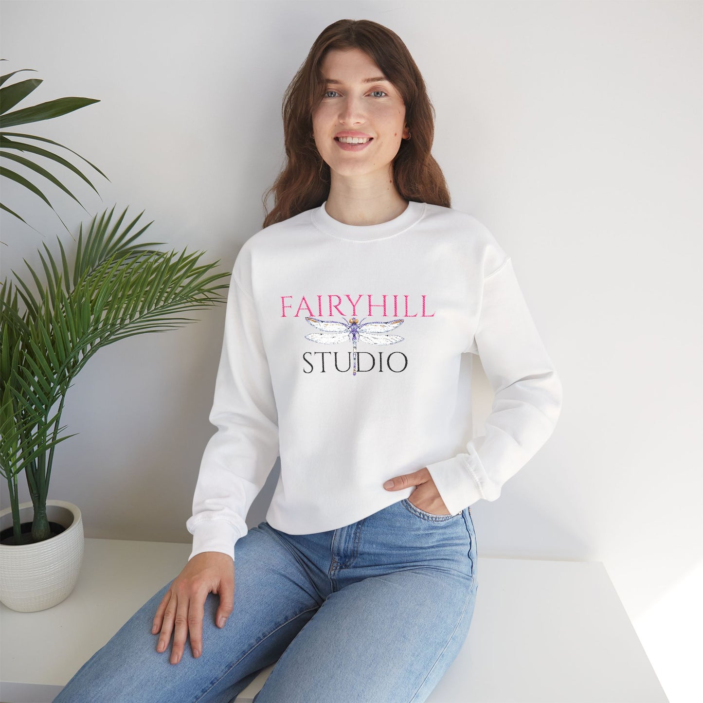Fairyhill Studio Crewneck Sweatshirt — White Graphic Logo Pullover