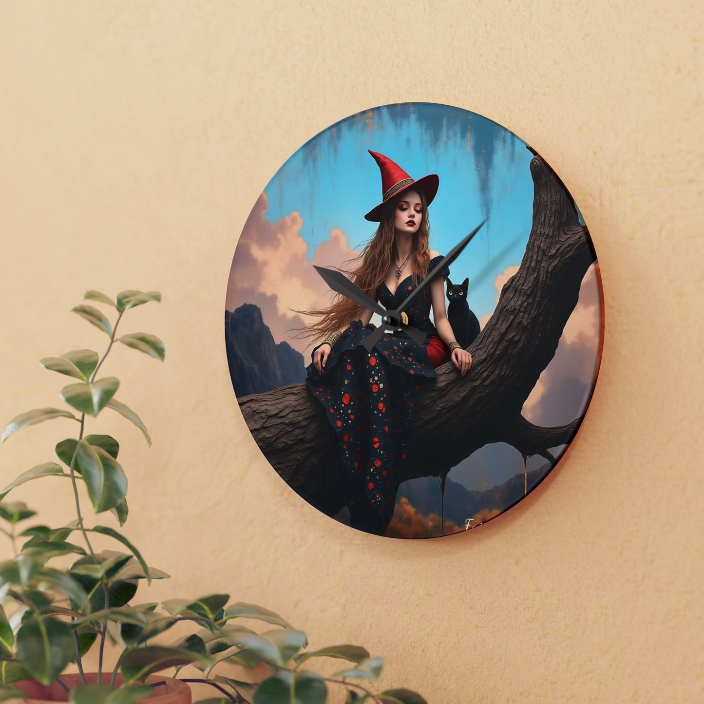 Elegant witch with black cat Wall clock  Gift   Acrylic Wall Clock