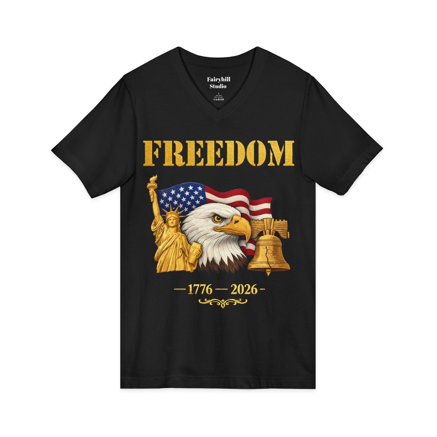 Freedom 1776–2026 Patriotic V-Neck Tee — Eagle, Flag & Liberty Bell 250th Anniversary