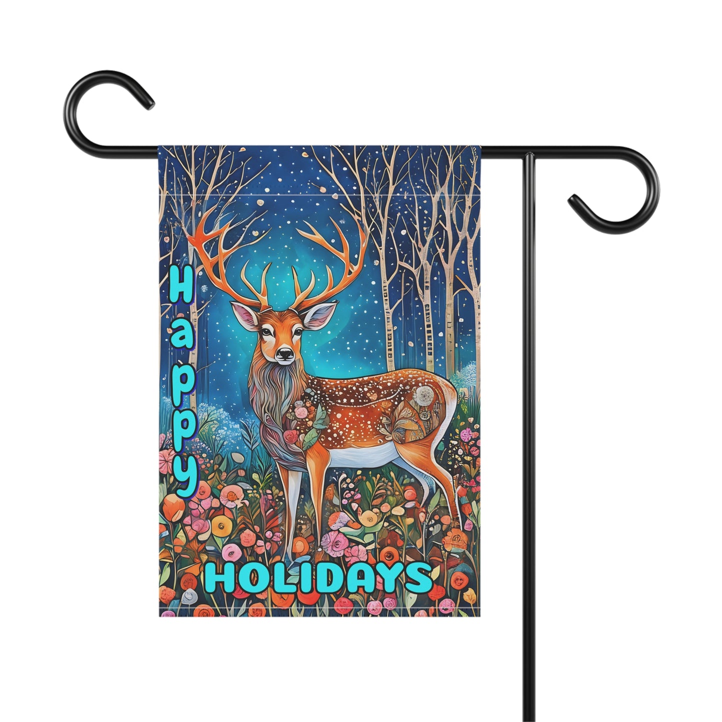 Garden Banner Deer Flag with vibrant colors and Happy Holidays Winter Yard Decor